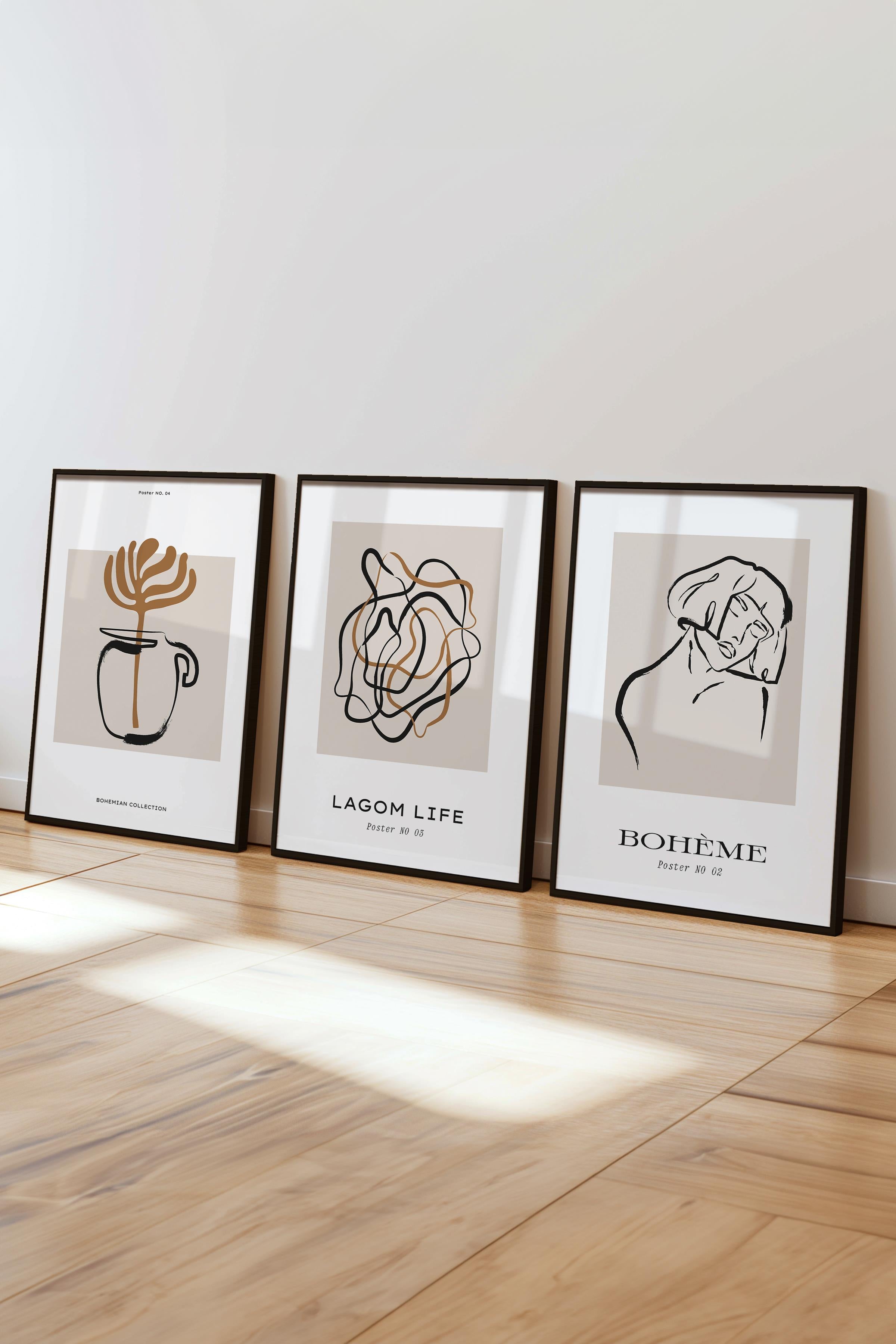 Çerçeveli Tablo Seti, 3 Adet Siyah Çerçeve ve Minimalist El Çizimi Temalı Poster Seti, No:300565