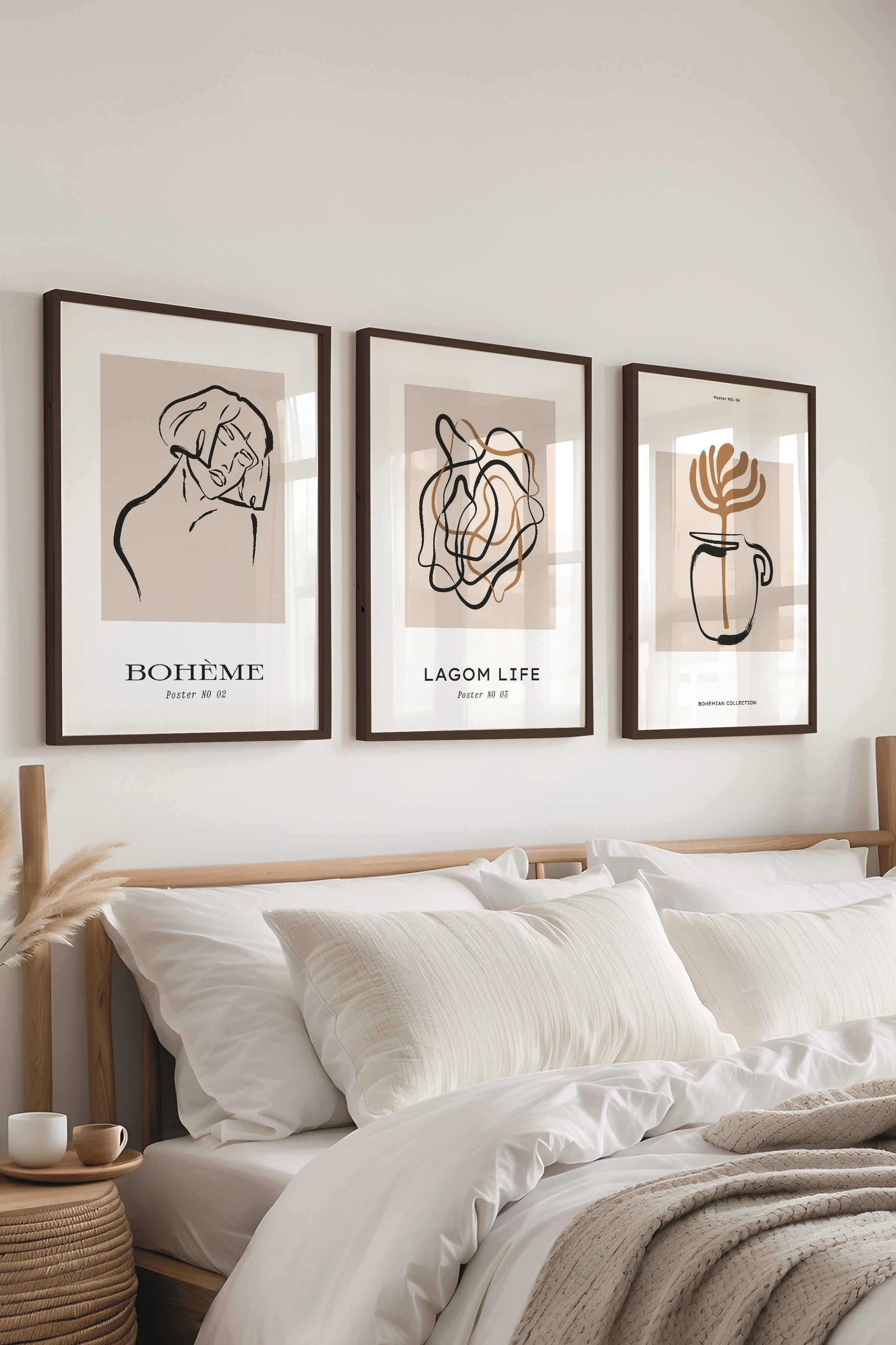 Çerçeveli Tablo Seti, 3 Adet Siyah Çerçeve ve Minimalist El Çizimi Temalı Poster Seti, No:300565