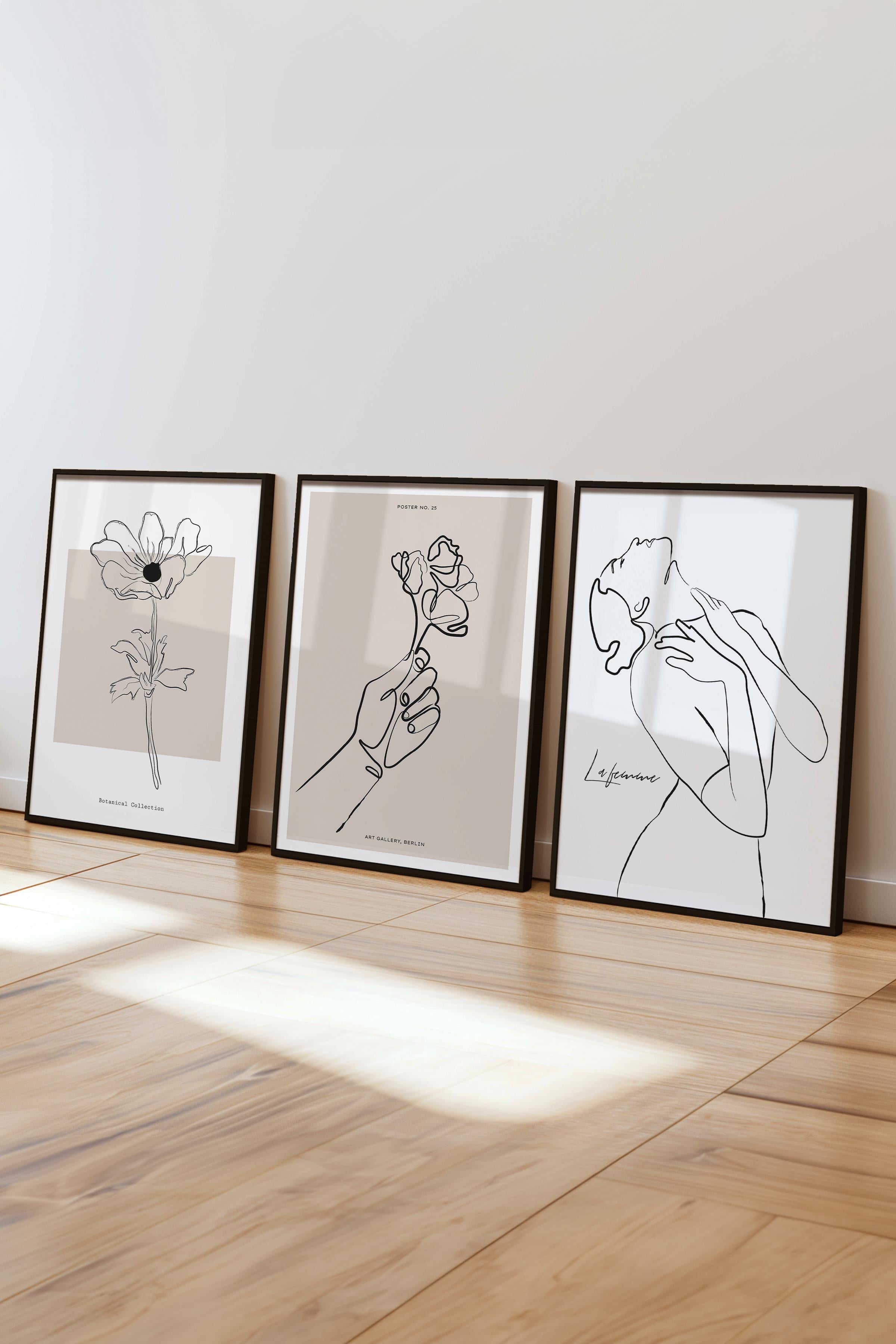 Çerçeveli Tablo Seti, 3 Adet Siyah Çerçeve ve Minimalist El Çizimi Temalı Poster Seti, No:300566