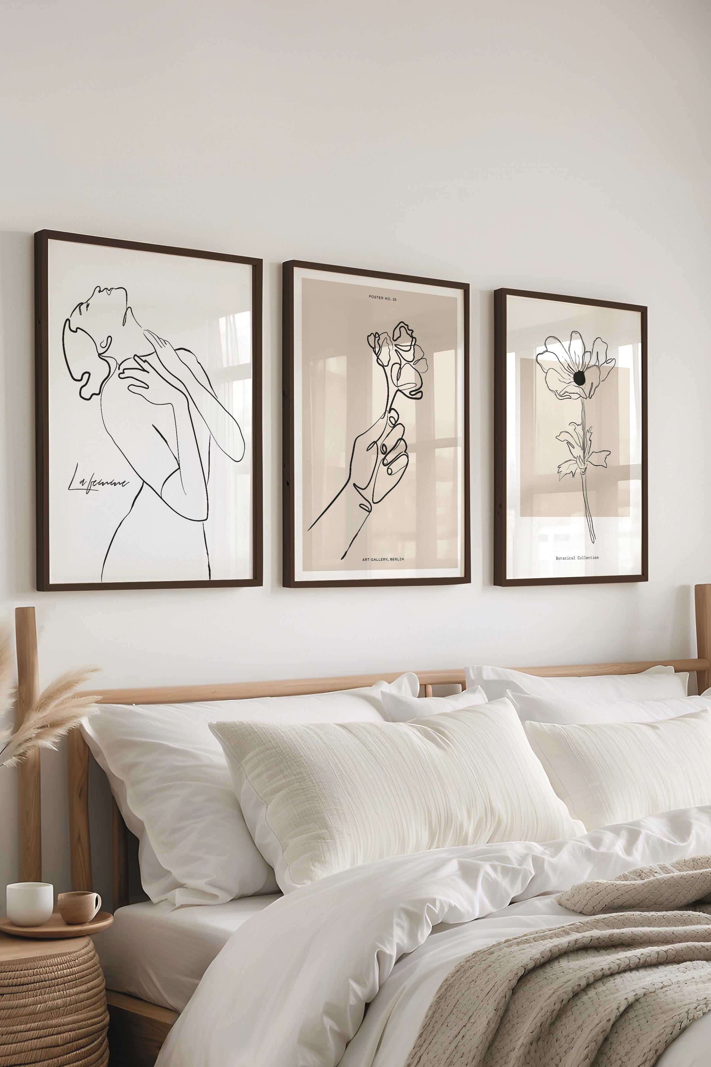 Çerçeveli Tablo Seti, 3 Adet Siyah Çerçeve ve Minimalist El Çizimi Temalı Poster Seti, No:300566