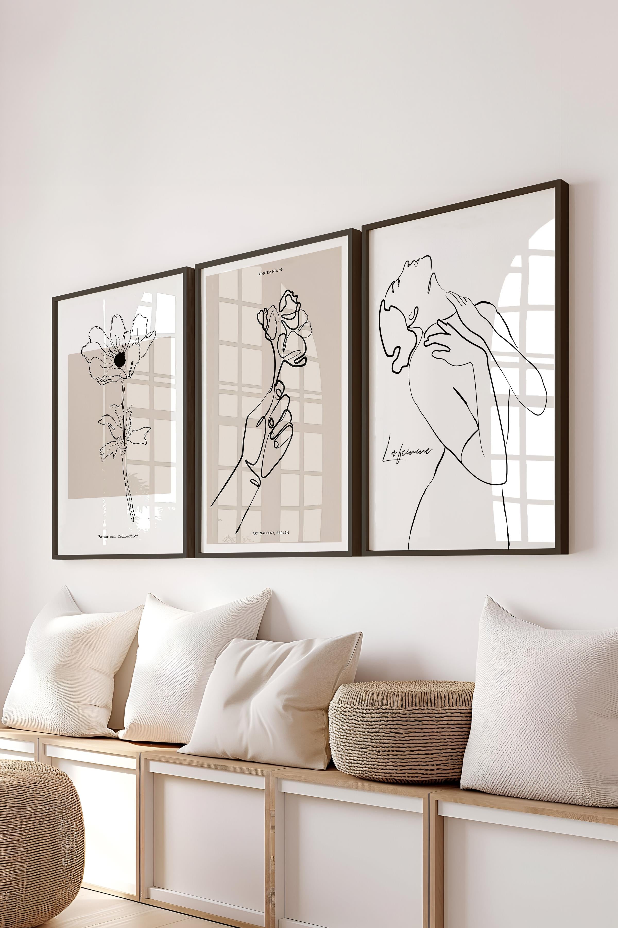 Çerçeveli Tablo Seti, 3 Adet Siyah Çerçeve ve Minimalist El Çizimi Temalı Poster Seti, No:300566