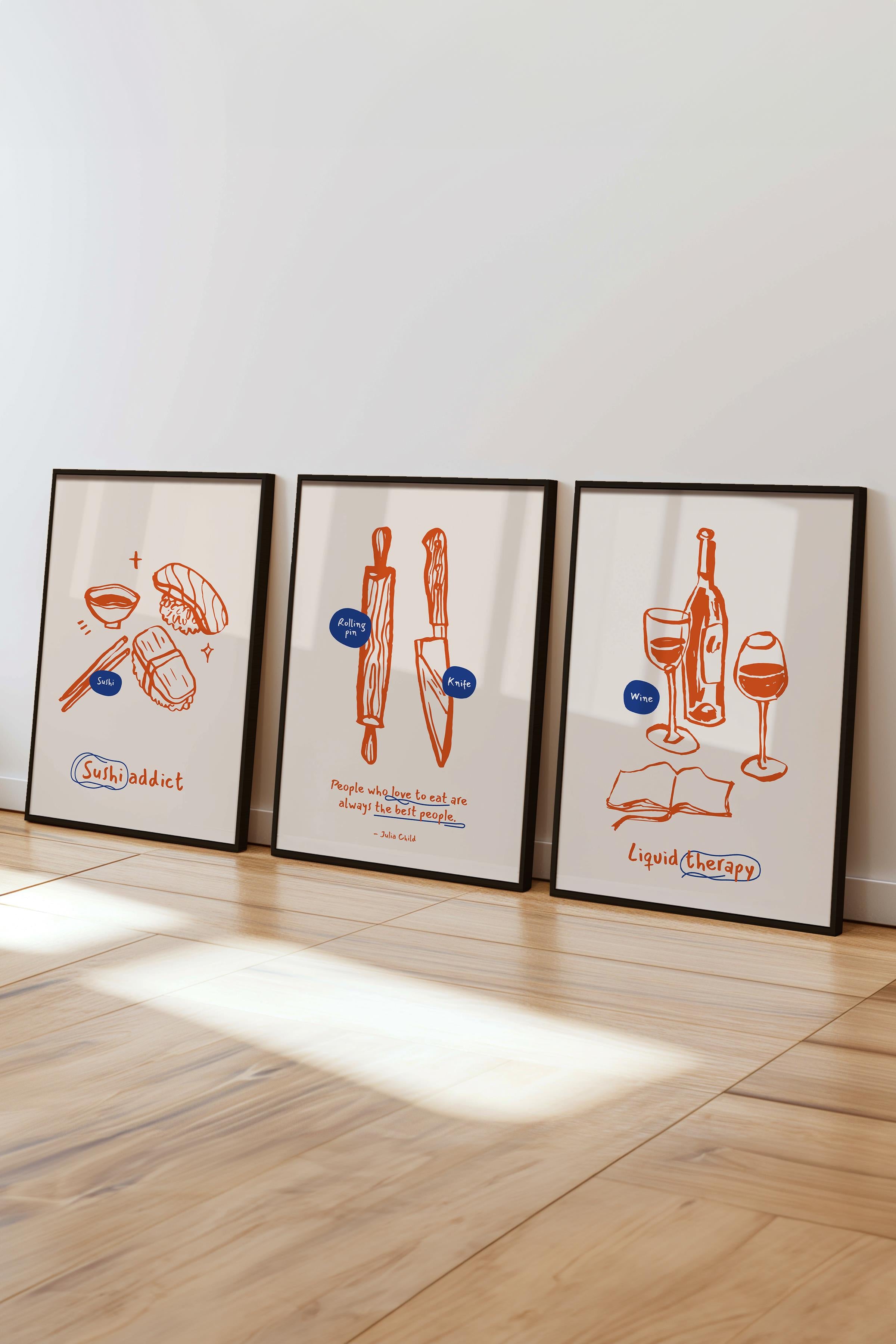 Çerçeveli Tablo Seti, 3 Adet Siyah Çerçeve ve Minimalist Yemek Temalı Poster Seti, No:300554