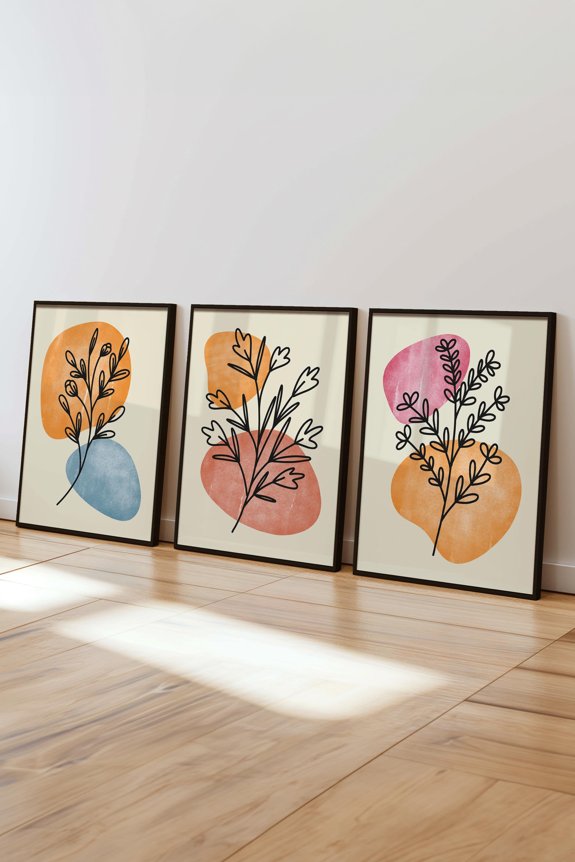 Çerçeveli Tablo Seti, 3 Adet Siyah Çerçeve ve Soyut Botanik Temalı Poster Seti, No:300664