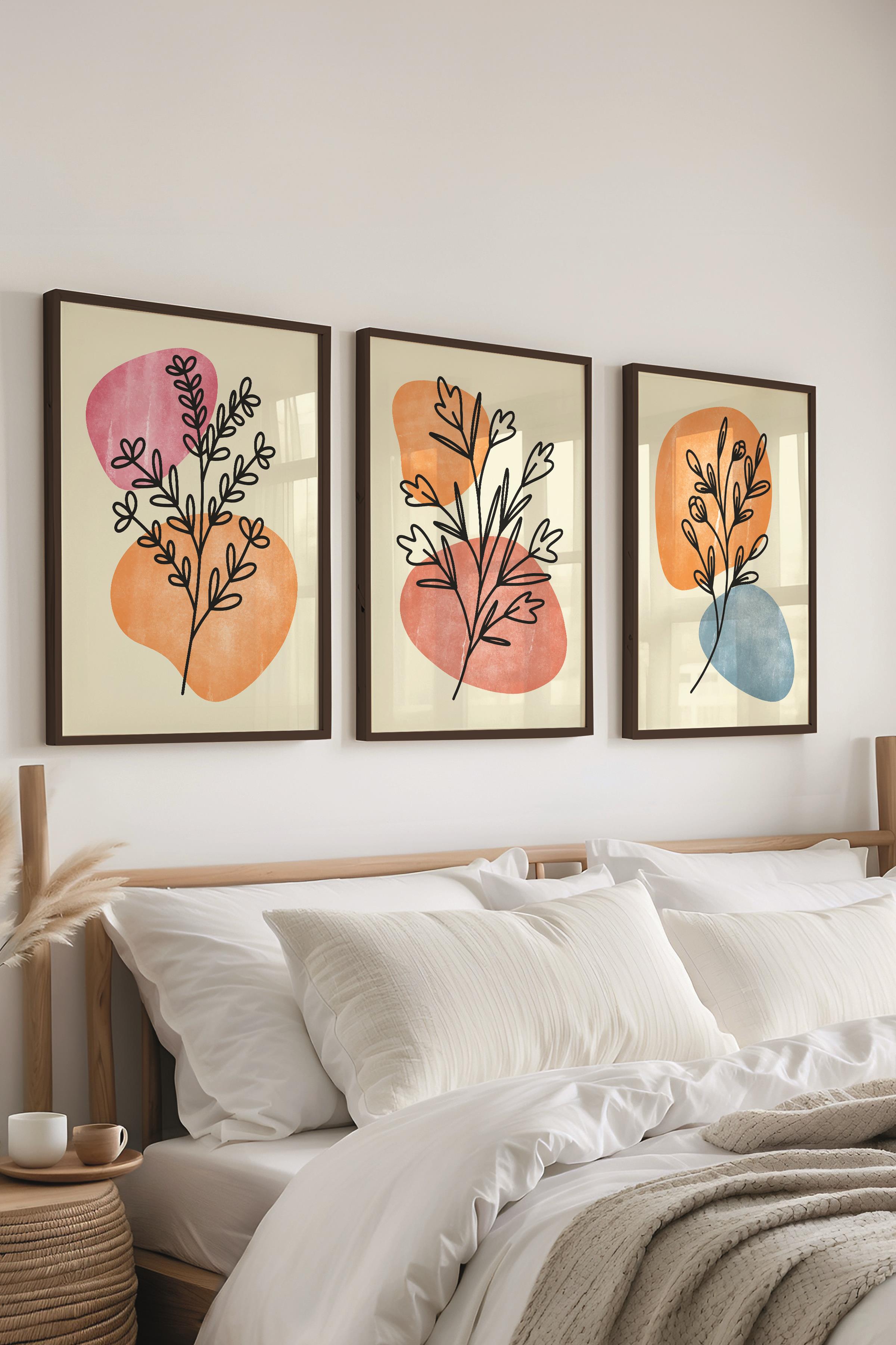 Çerçeveli Tablo Seti, 3 Adet Siyah Çerçeve ve Soyut Botanik Temalı Poster Seti, No:300664