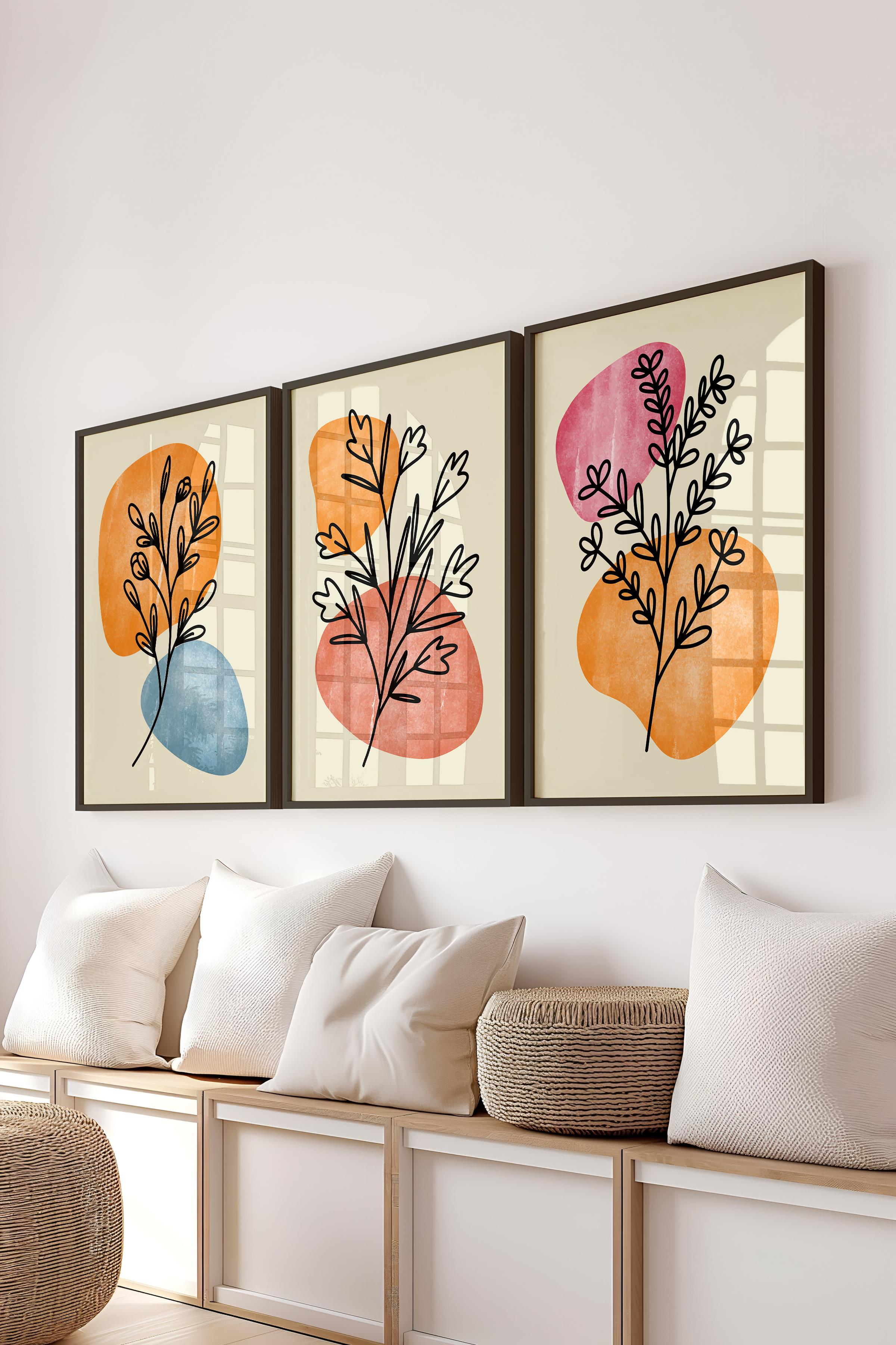 Çerçeveli Tablo Seti, 3 Adet Siyah Çerçeve ve Soyut Botanik Temalı Poster Seti, No:300664