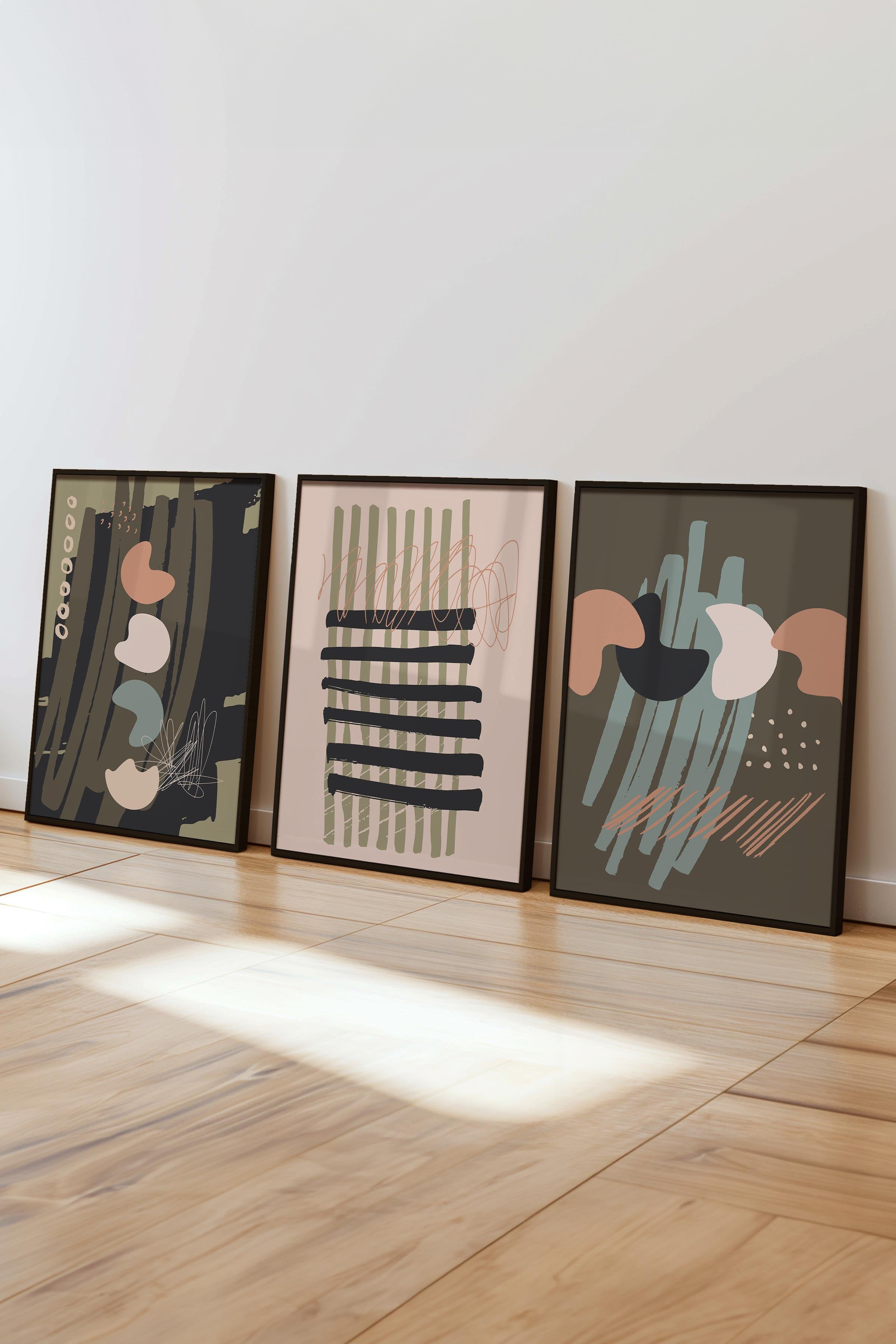 Çerçeveli Tablo Seti, 3 Adet Siyah Çerçeve ve Soyut Botanik Temalı Poster Seti, No:300665
