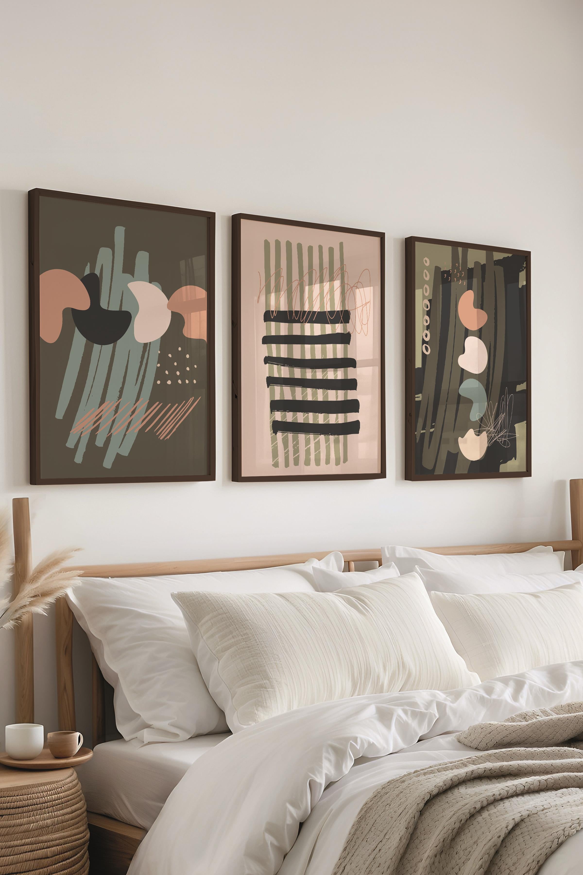 Çerçeveli Tablo Seti, 3 Adet Siyah Çerçeve ve Soyut Botanik Temalı Poster Seti, No:300665