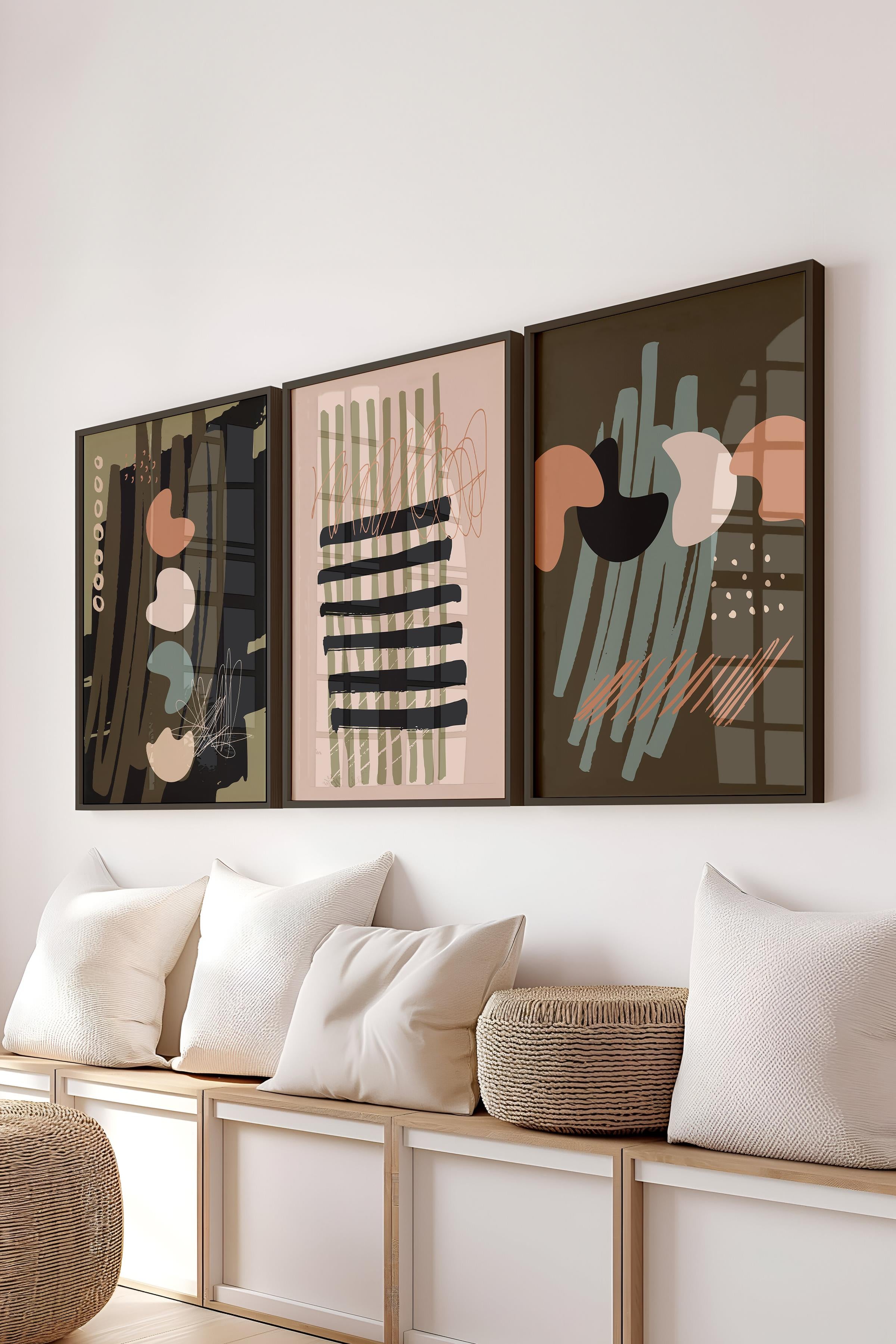 Çerçeveli Tablo Seti, 3 Adet Siyah Çerçeve ve Soyut Botanik Temalı Poster Seti, No:300665