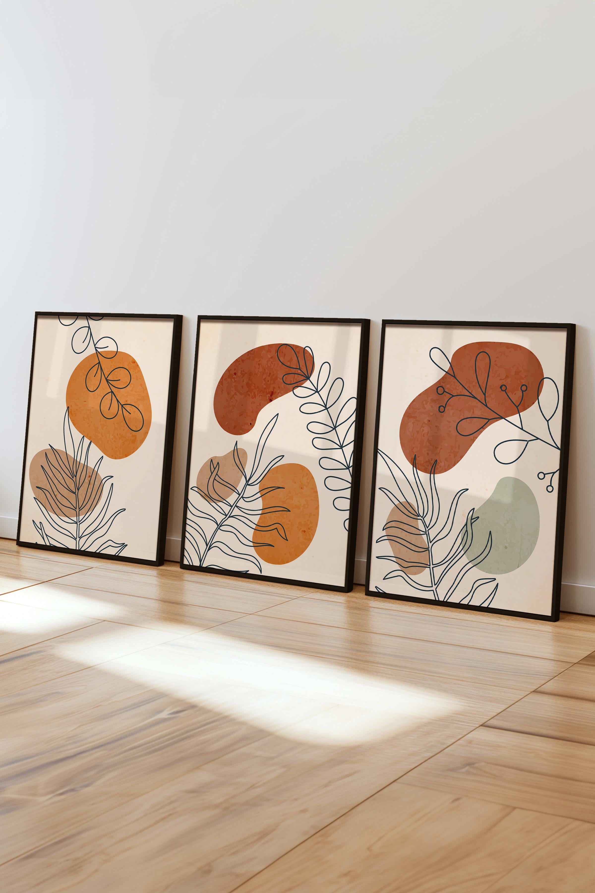 Çerçeveli Tablo Seti, 3 Adet Siyah Çerçeve ve Soyut Botanik Temalı Poster Seti, No:300666