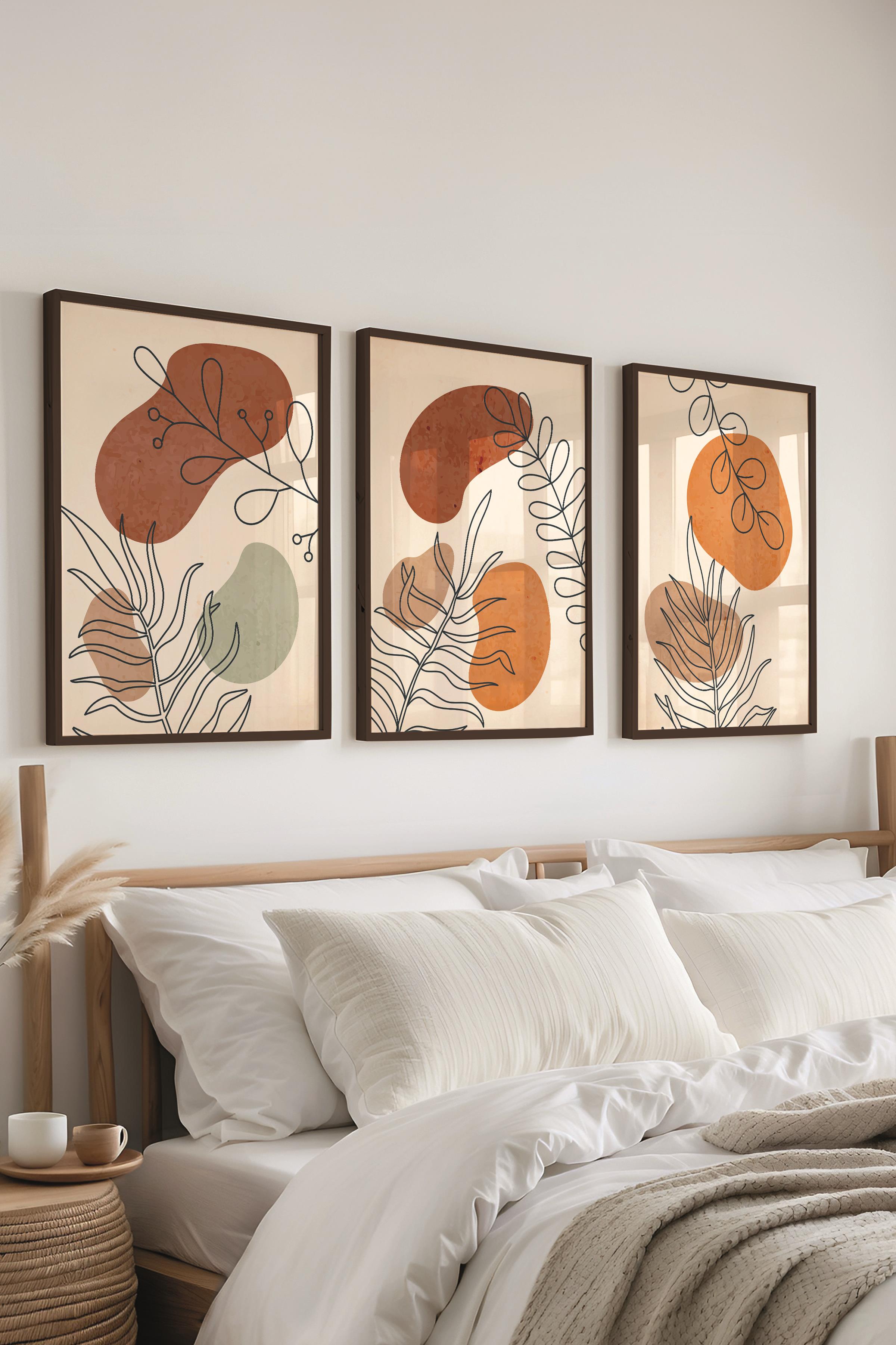 Çerçeveli Tablo Seti, 3 Adet Siyah Çerçeve ve Soyut Botanik Temalı Poster Seti, No:300666