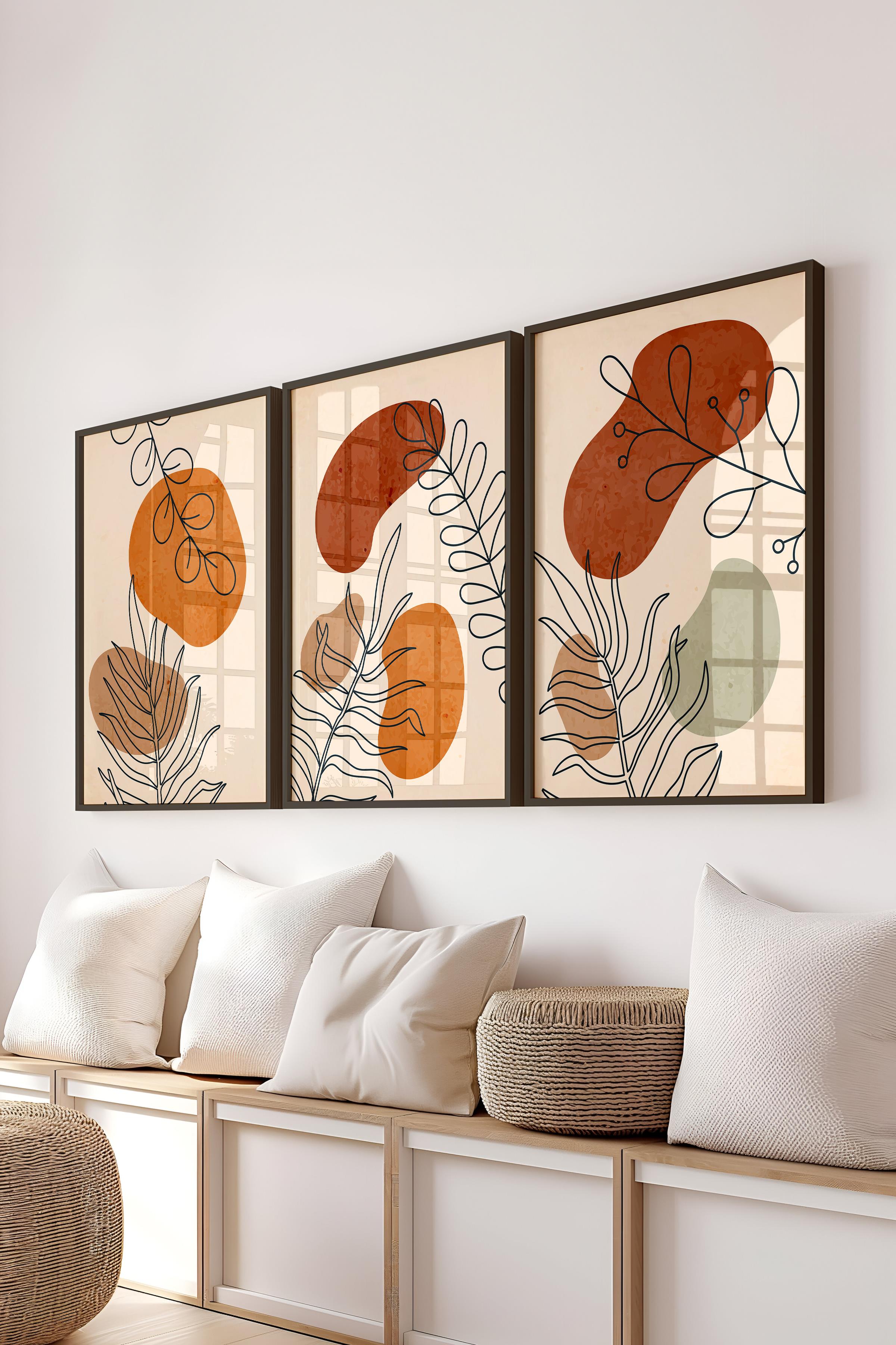 Çerçeveli Tablo Seti, 3 Adet Siyah Çerçeve ve Soyut Botanik Temalı Poster Seti, No:300666