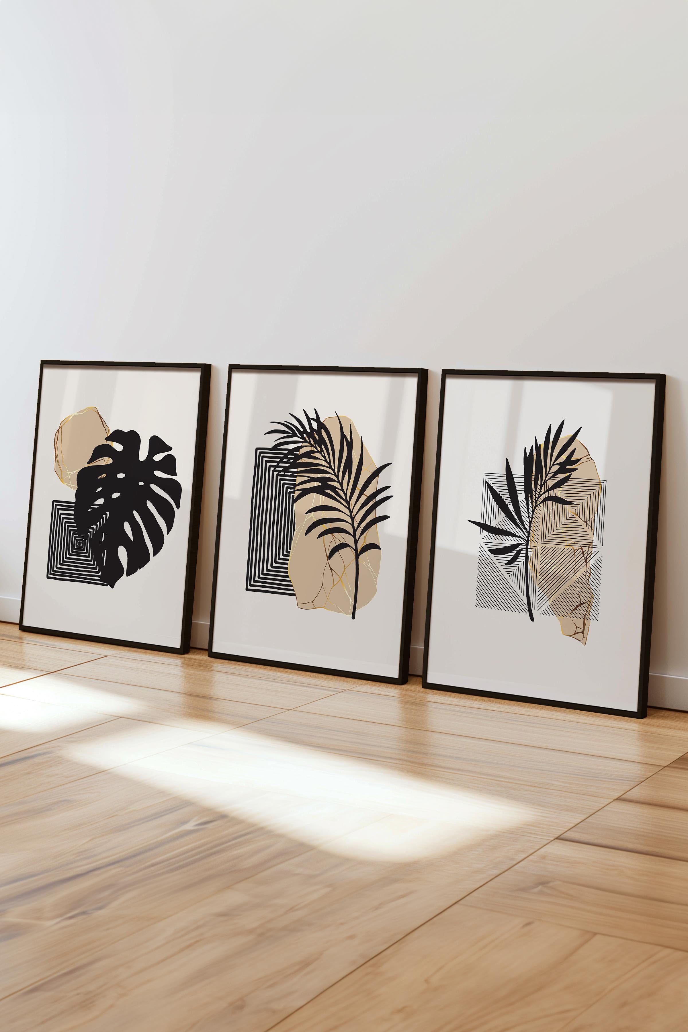 Çerçeveli Tablo Seti, 3 Adet Siyah Çerçeve ve Soyut Botanik Temalı Poster Seti, No:300667