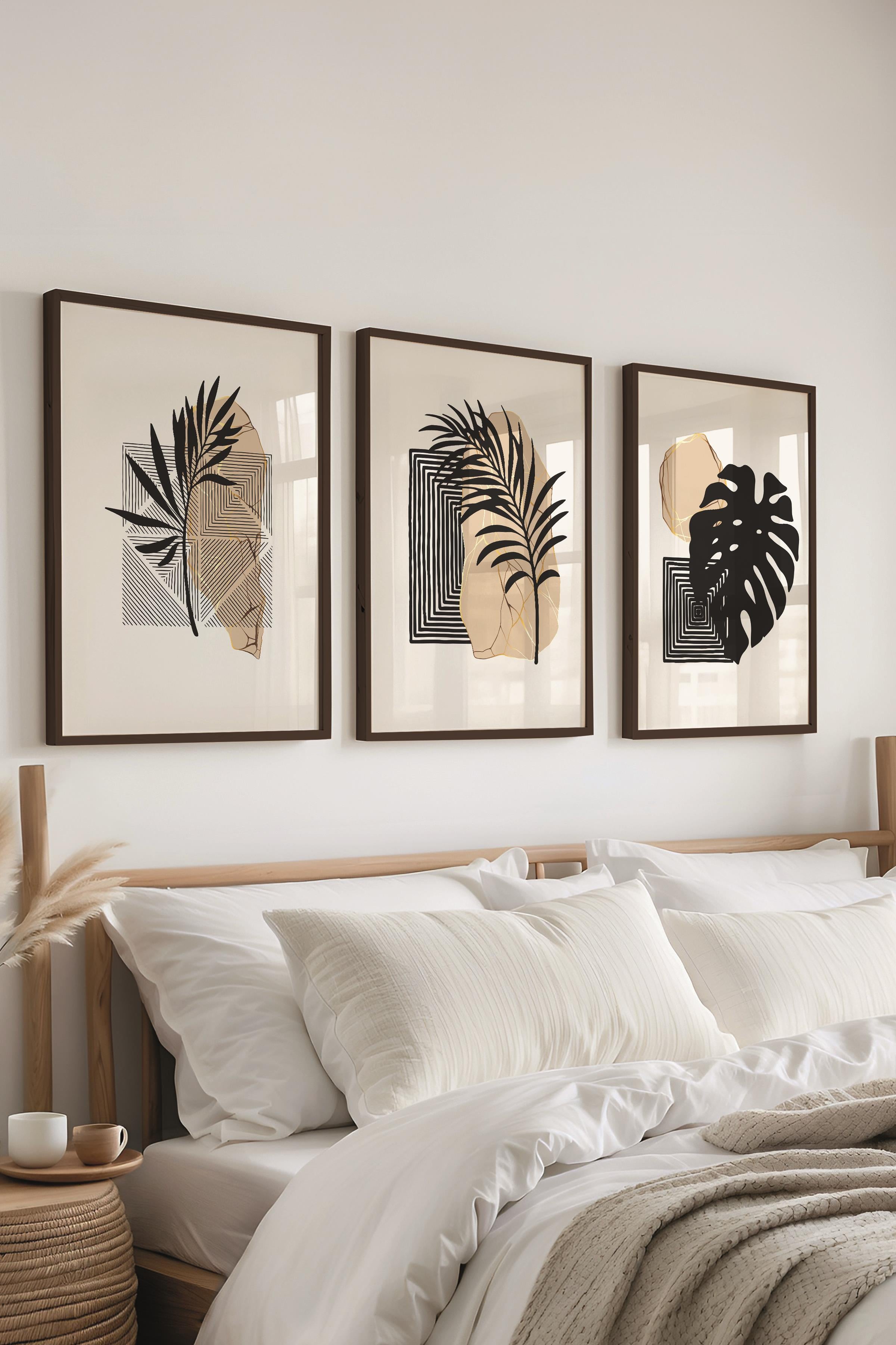 Çerçeveli Tablo Seti, 3 Adet Siyah Çerçeve ve Soyut Botanik Temalı Poster Seti, No:300667