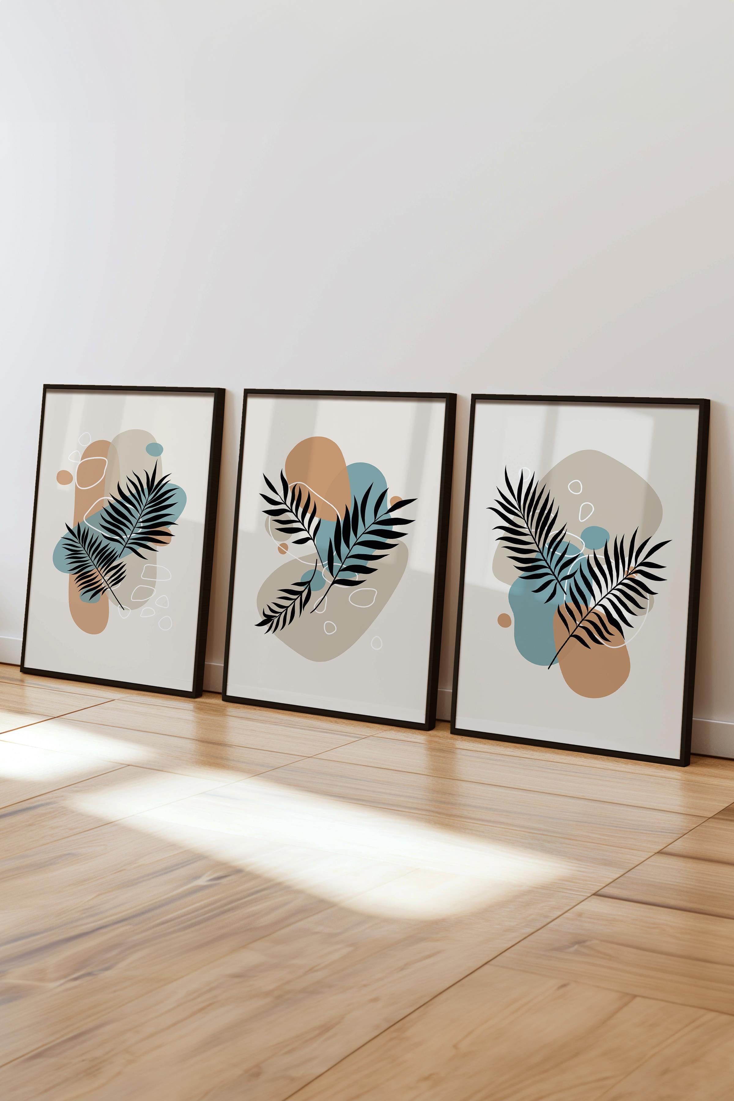 Çerçeveli Tablo Seti, 3 Adet Siyah Çerçeve ve Soyut Botanik Temalı Poster Seti, No:300668