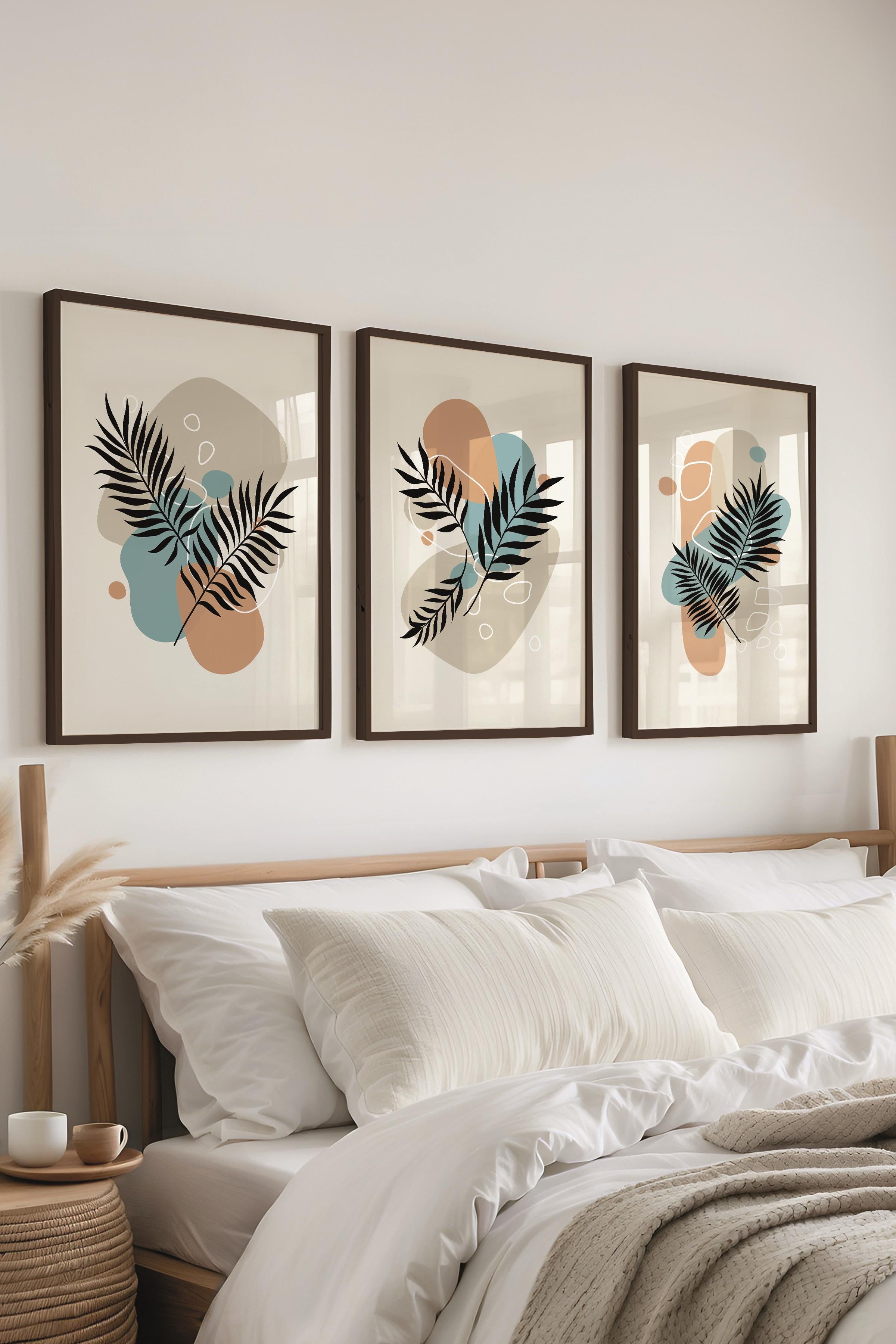 Çerçeveli Tablo Seti, 3 Adet Siyah Çerçeve ve Soyut Botanik Temalı Poster Seti, No:300668