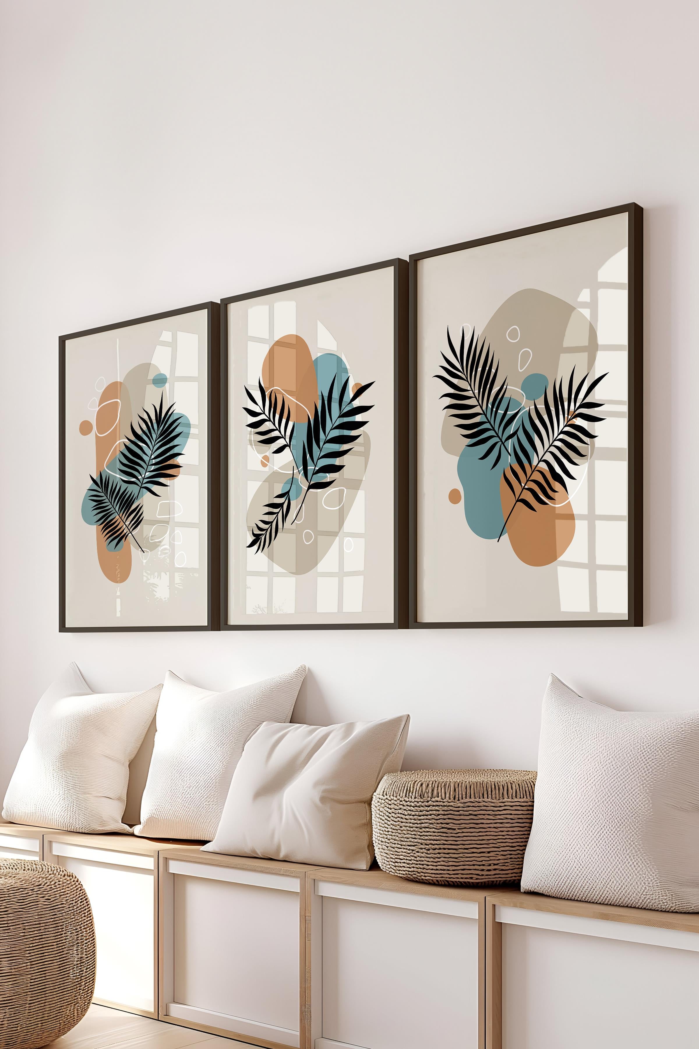 Çerçeveli Tablo Seti, 3 Adet Siyah Çerçeve ve Soyut Botanik Temalı Poster Seti, No:300668