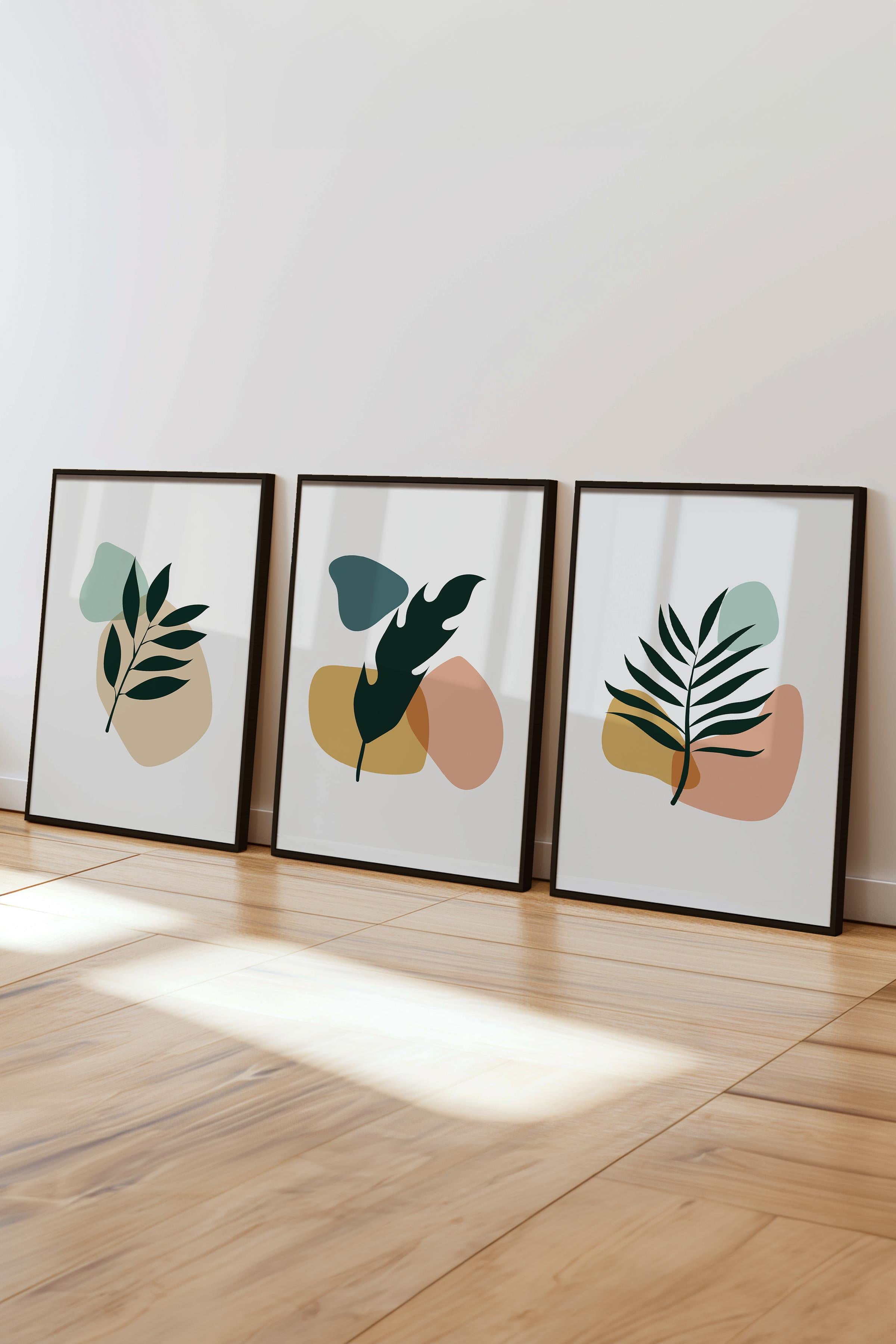 Çerçeveli Tablo Seti, 3 Adet Siyah Çerçeve ve Soyut Botanik Temalı Poster Seti, No:300669