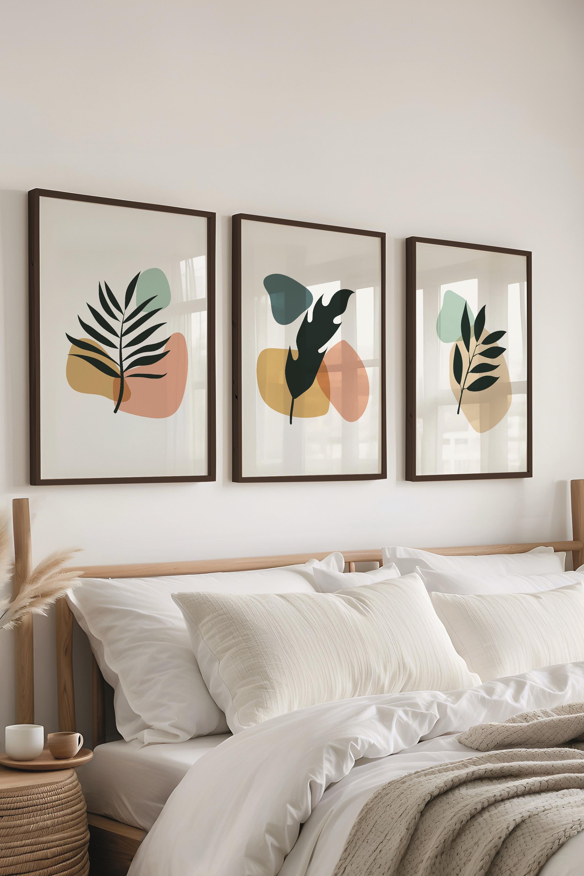 Çerçeveli Tablo Seti, 3 Adet Siyah Çerçeve ve Soyut Botanik Temalı Poster Seti, No:300669