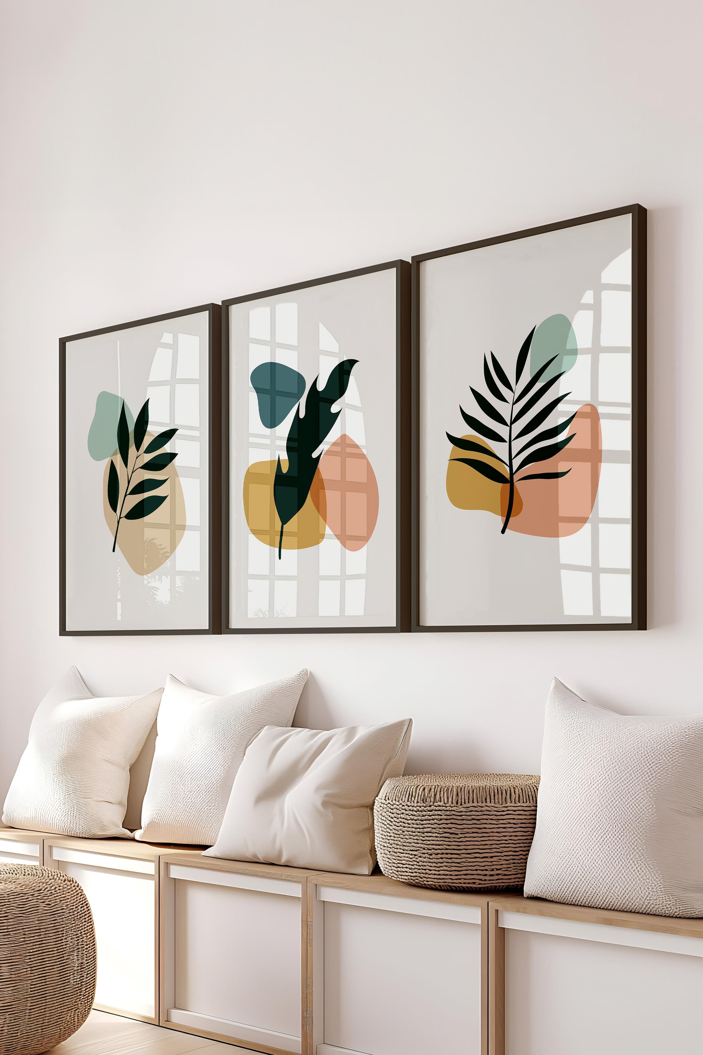 Çerçeveli Tablo Seti, 3 Adet Siyah Çerçeve ve Soyut Botanik Temalı Poster Seti, No:300669