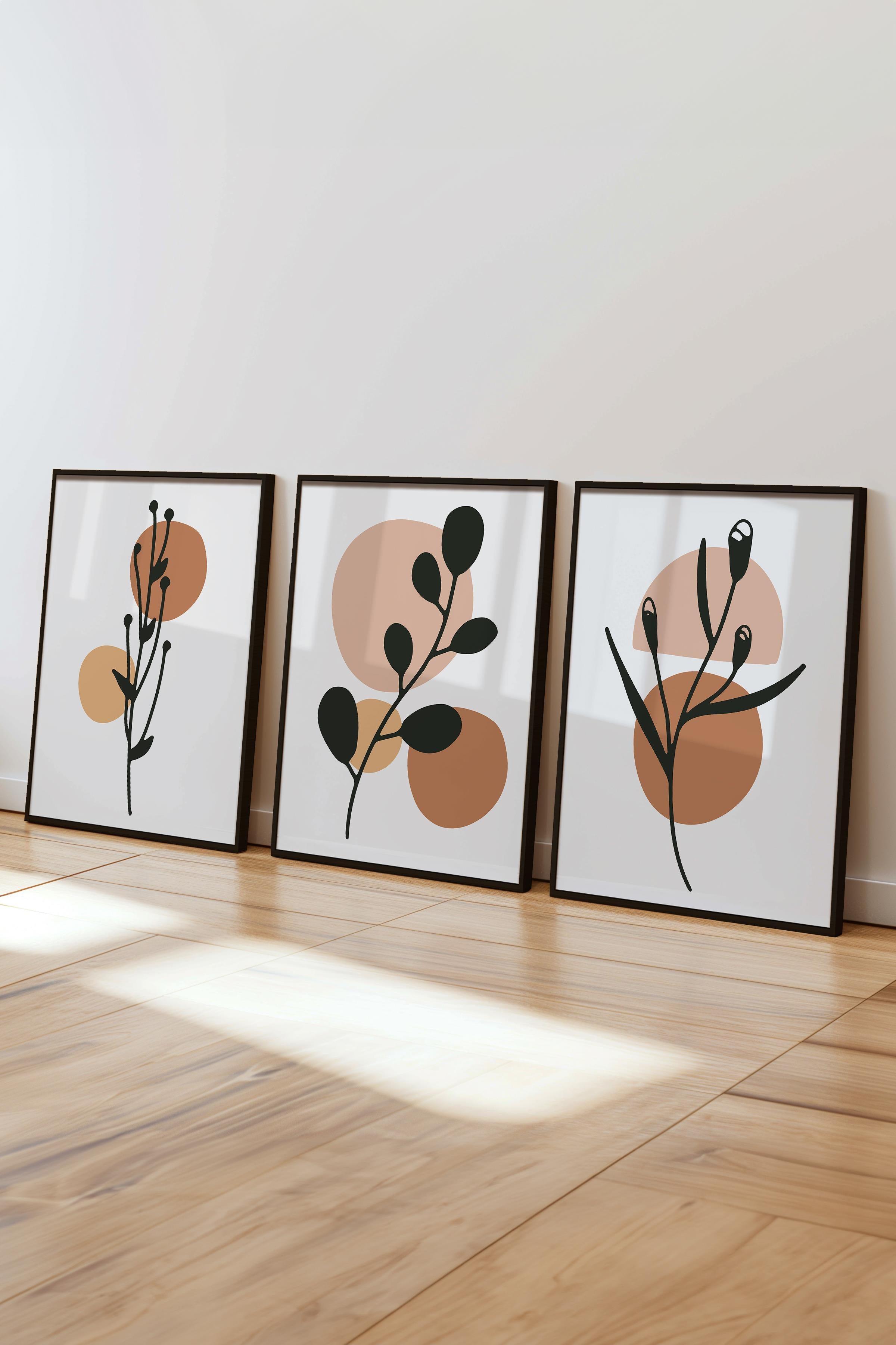 Çerçeveli Tablo Seti, 3 Adet Siyah Çerçeve ve Soyut Botanik Temalı Poster Seti, No:300677