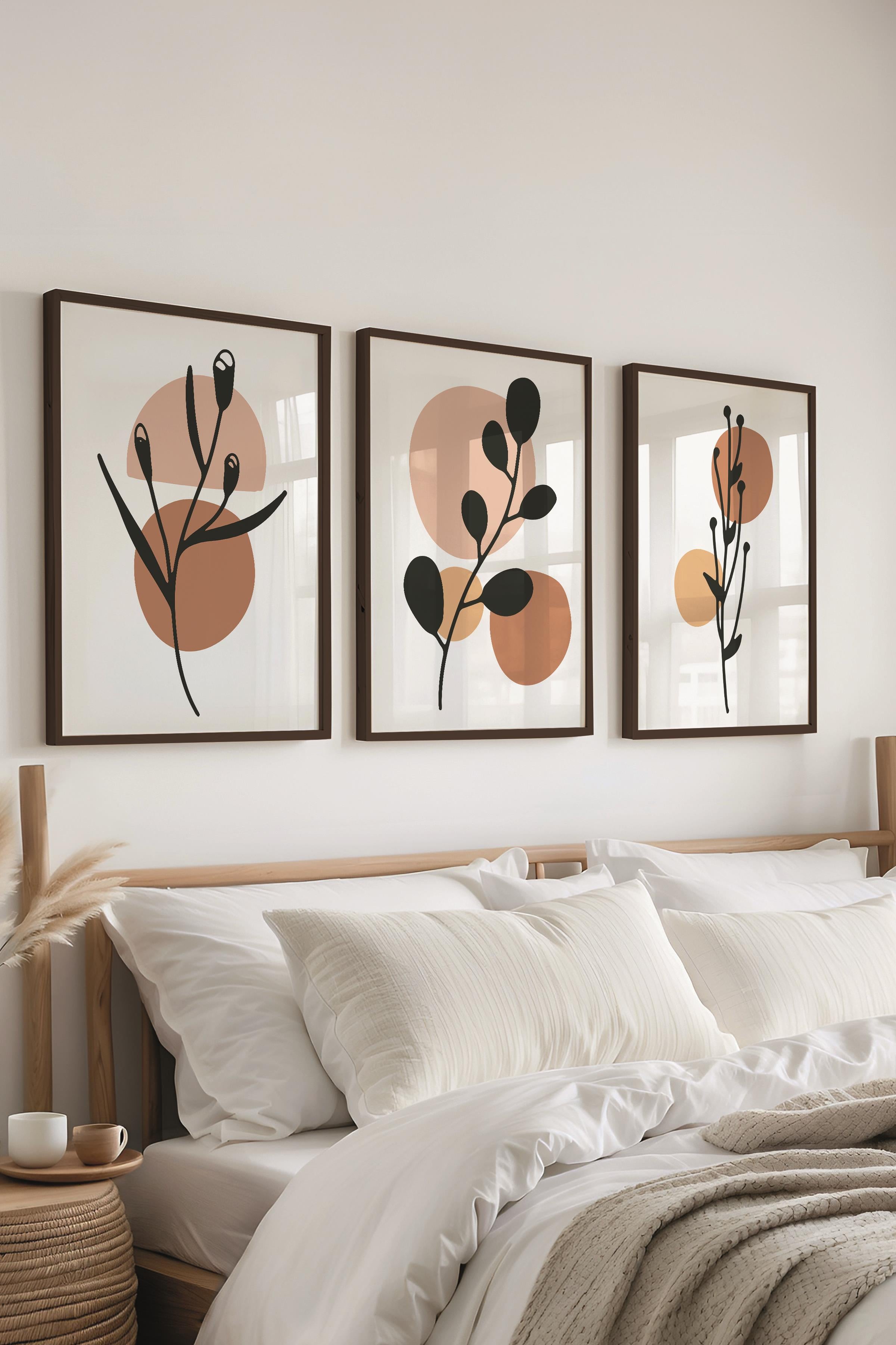Çerçeveli Tablo Seti, 3 Adet Siyah Çerçeve ve Soyut Botanik Temalı Poster Seti, No:300677