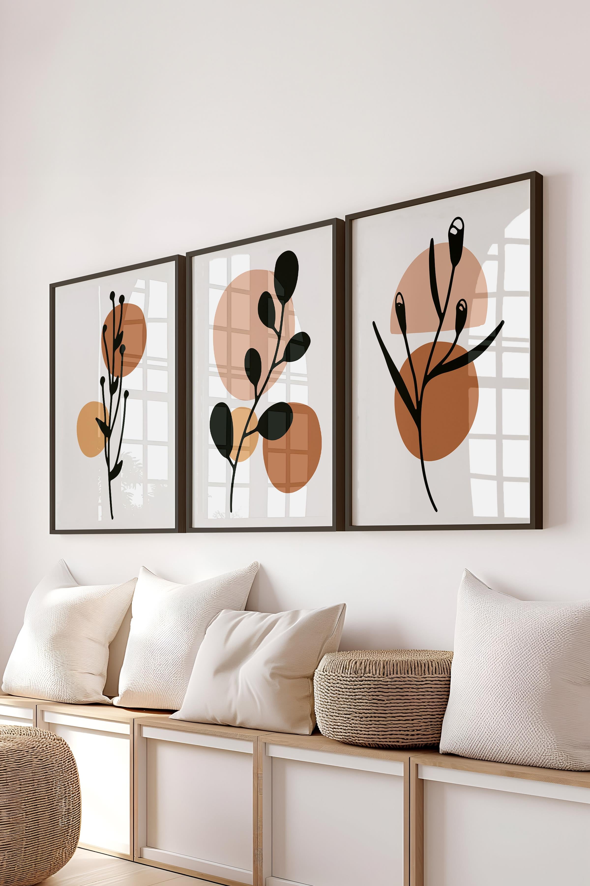 Çerçeveli Tablo Seti, 3 Adet Siyah Çerçeve ve Soyut Botanik Temalı Poster Seti, No:300677