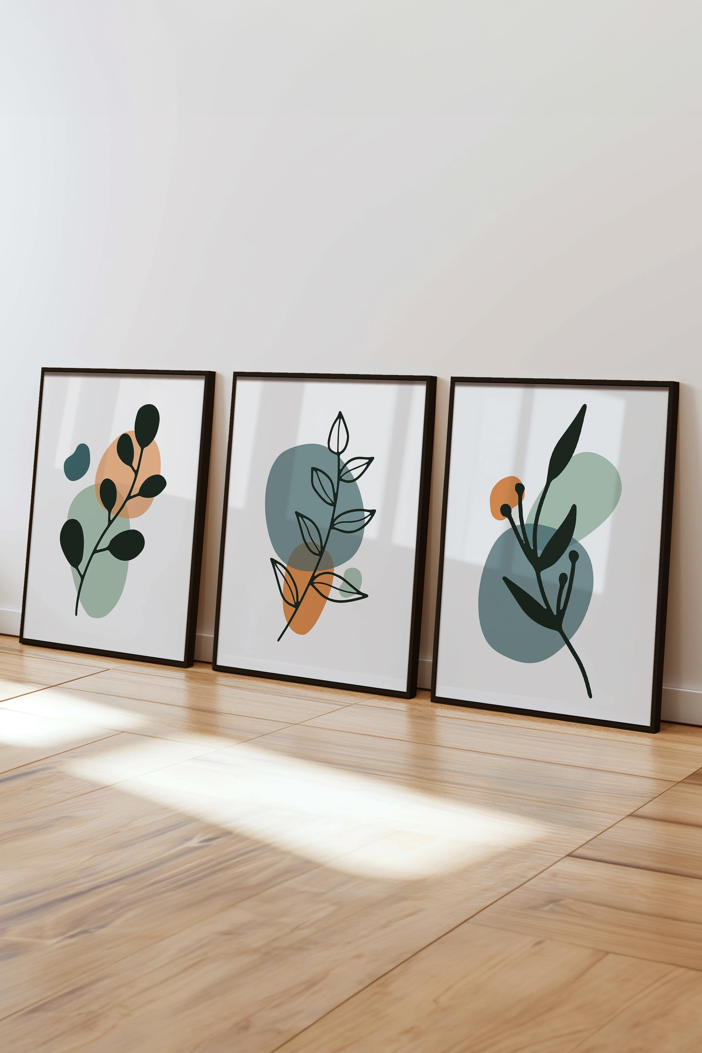 Çerçeveli Tablo Seti, 3 Adet Siyah Çerçeve ve Soyut Botanik Temalı Poster Seti, No:300678