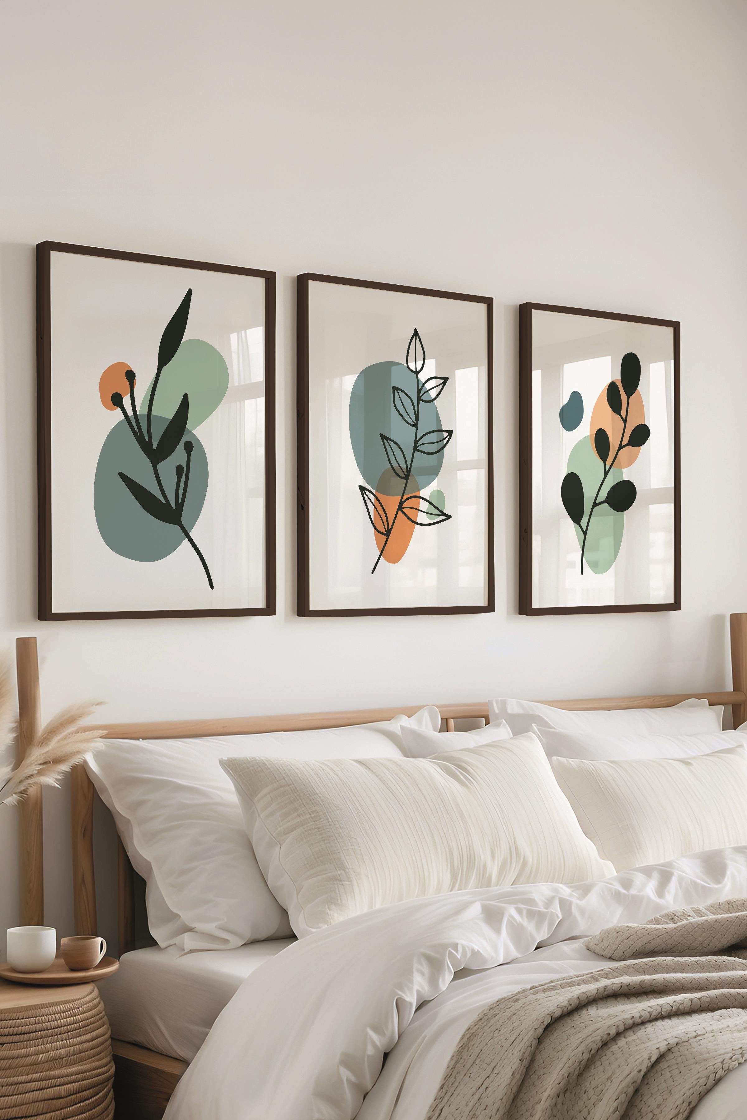 Çerçeveli Tablo Seti, 3 Adet Siyah Çerçeve ve Soyut Botanik Temalı Poster Seti, No:300678