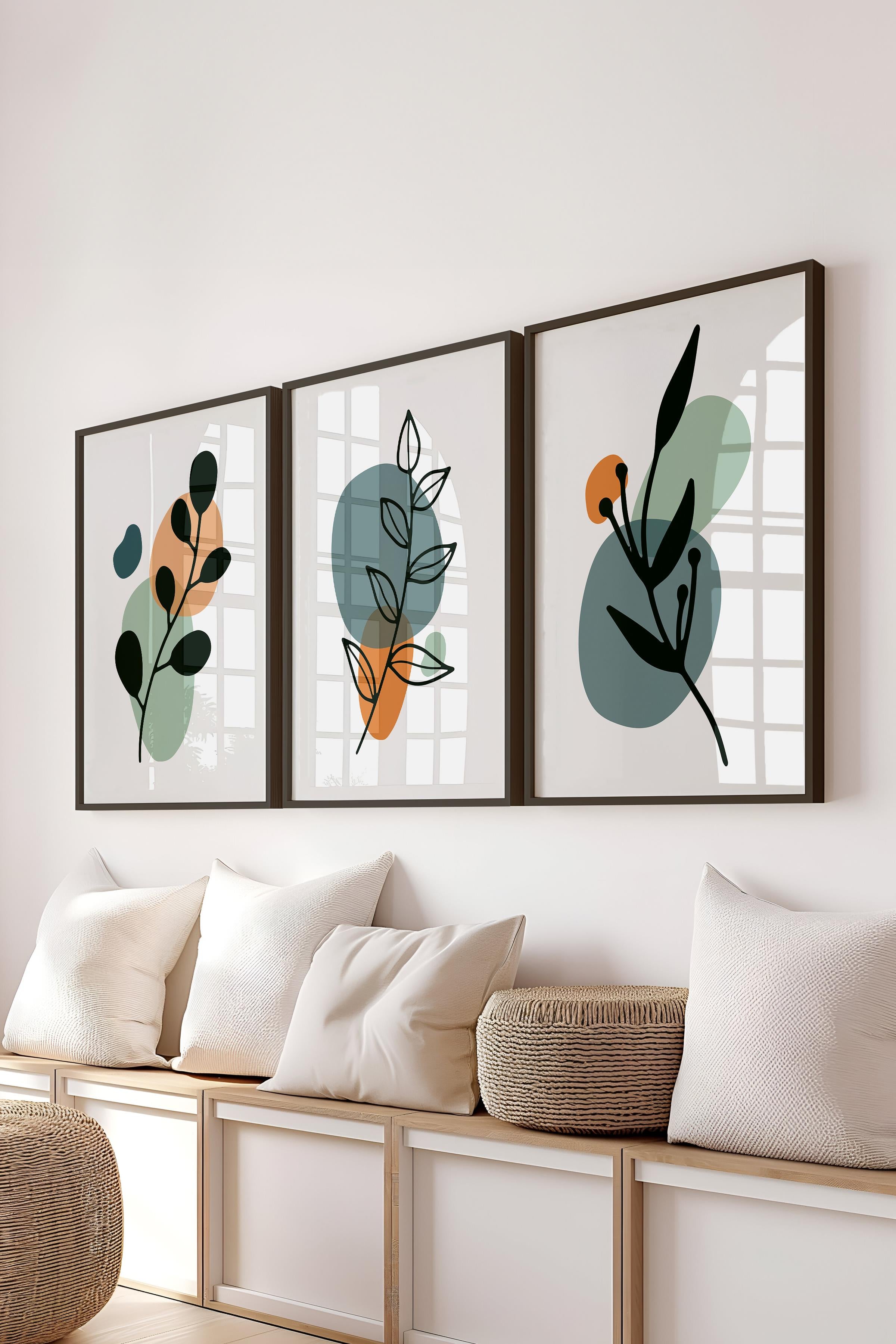 Çerçeveli Tablo Seti, 3 Adet Siyah Çerçeve ve Soyut Botanik Temalı Poster Seti, No:300678