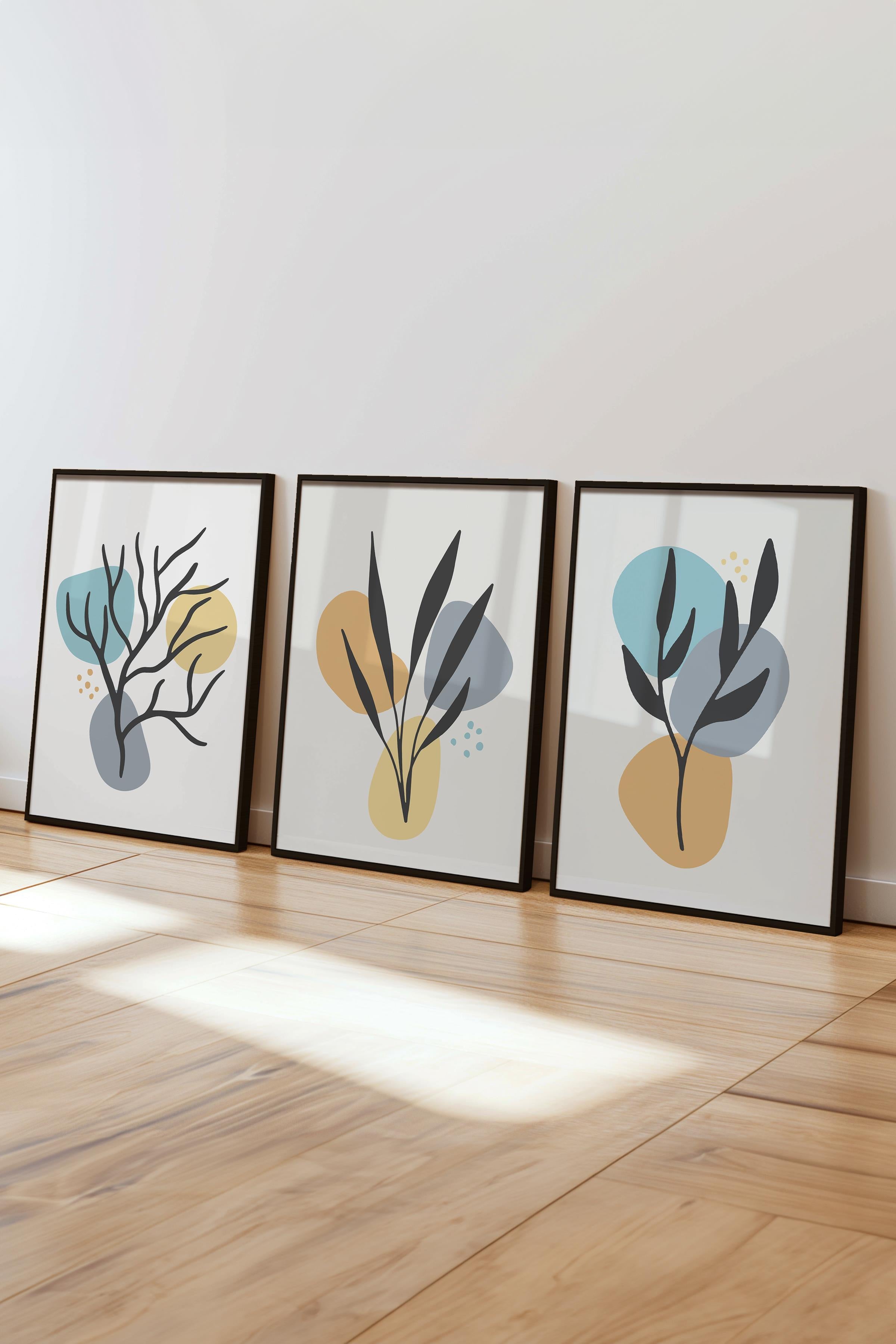Çerçeveli Tablo Seti, 3 Adet Siyah Çerçeve ve Soyut Botanik Temalı Poster Seti, No:300679