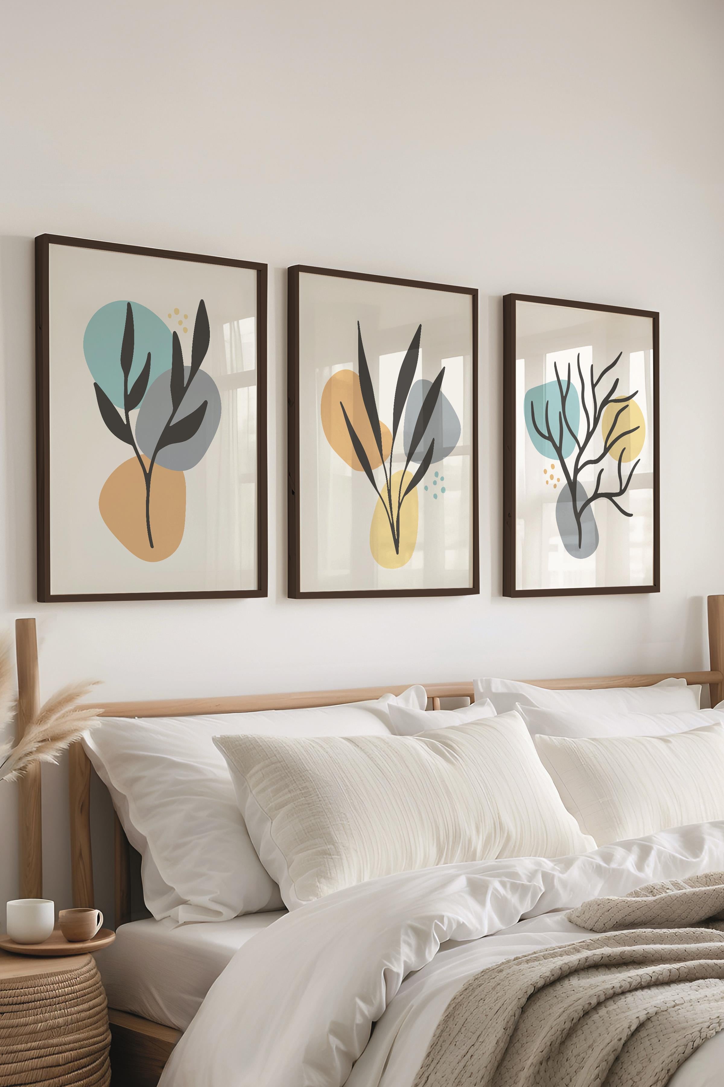 Çerçeveli Tablo Seti, 3 Adet Siyah Çerçeve ve Soyut Botanik Temalı Poster Seti, No:300679