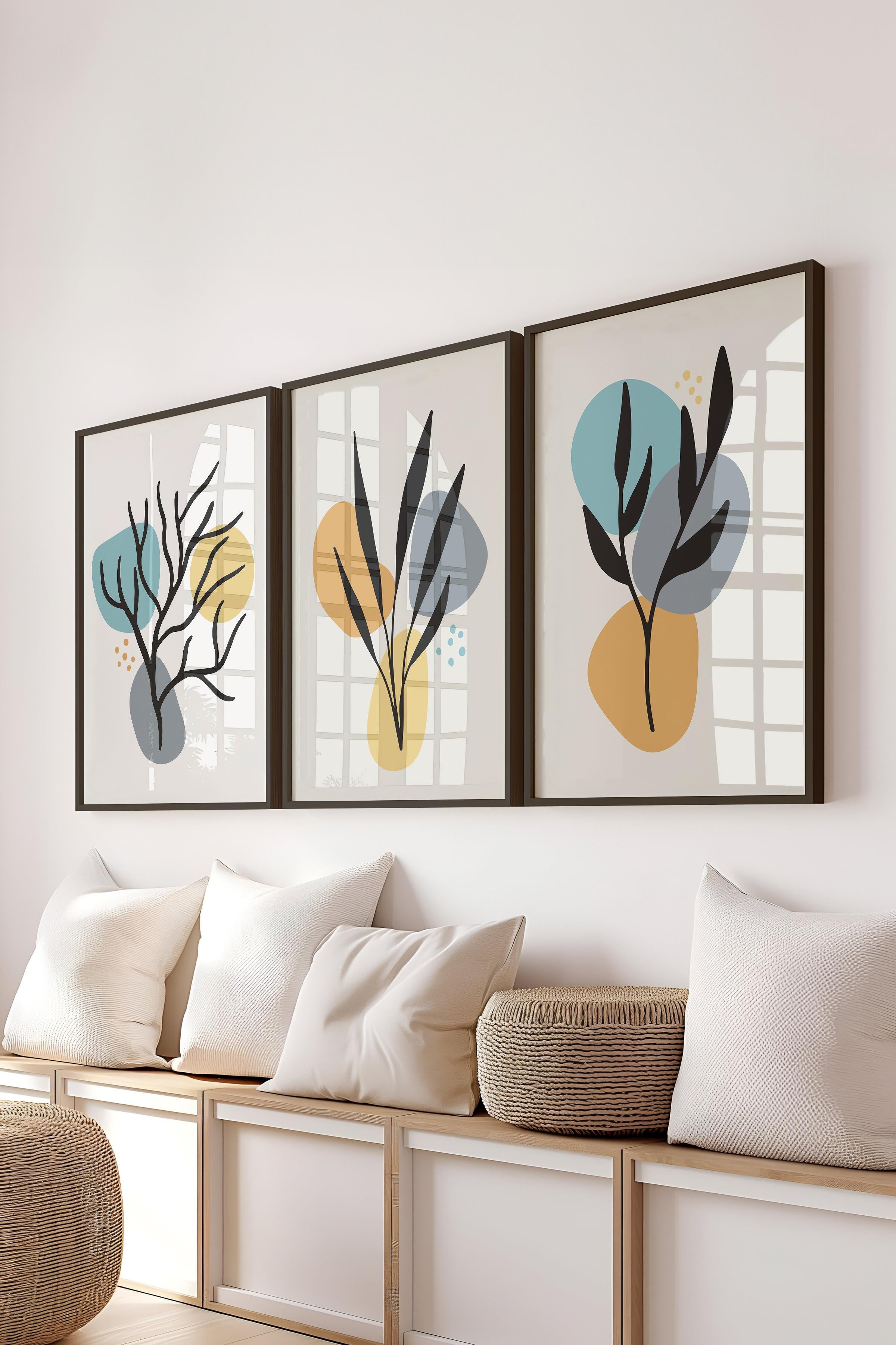 Çerçeveli Tablo Seti, 3 Adet Siyah Çerçeve ve Soyut Botanik Temalı Poster Seti, No:300679