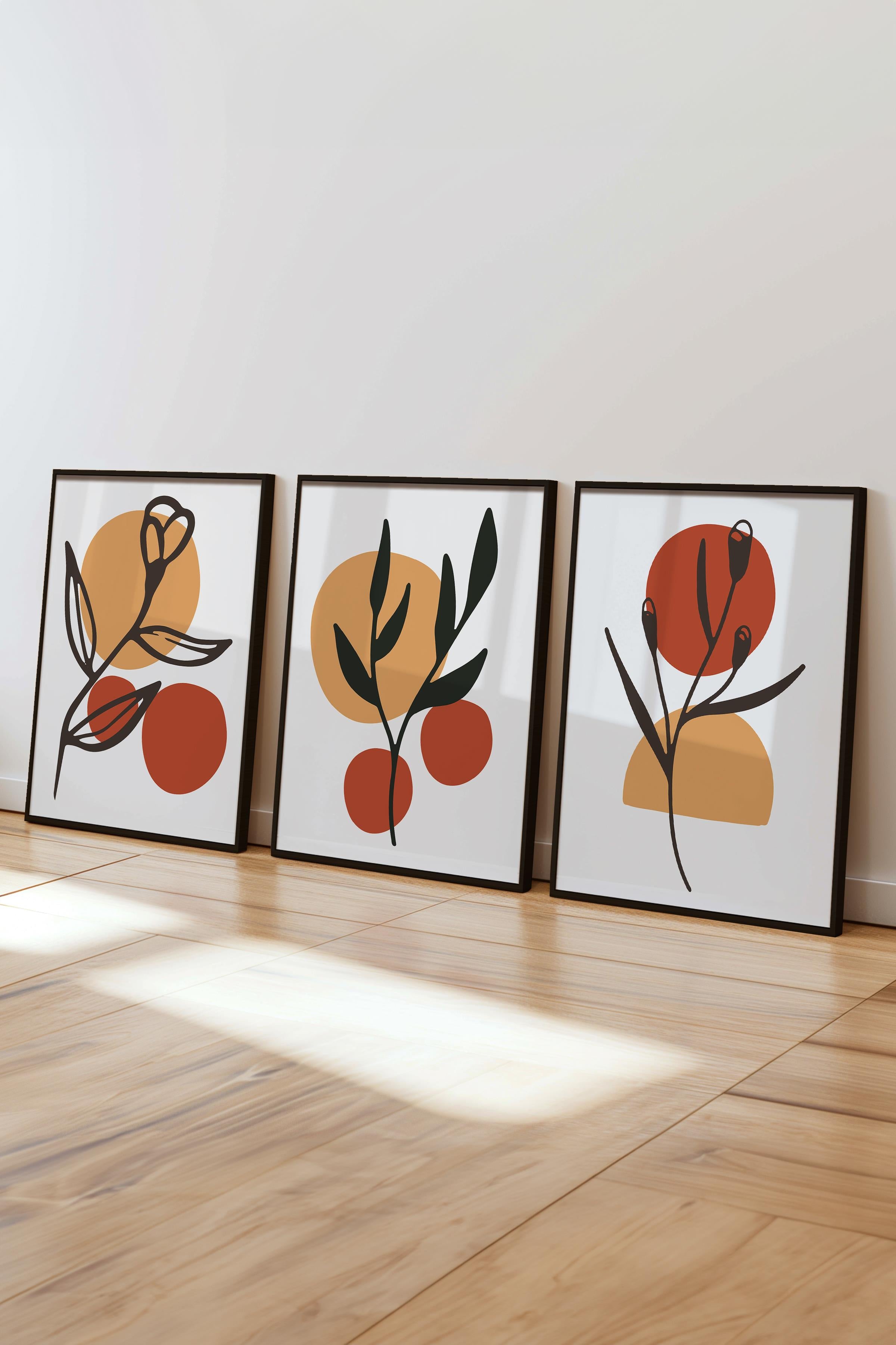 Çerçeveli Tablo Seti, 3 Adet Siyah Çerçeve ve Soyut Botanik Temalı Poster Seti, No:300680