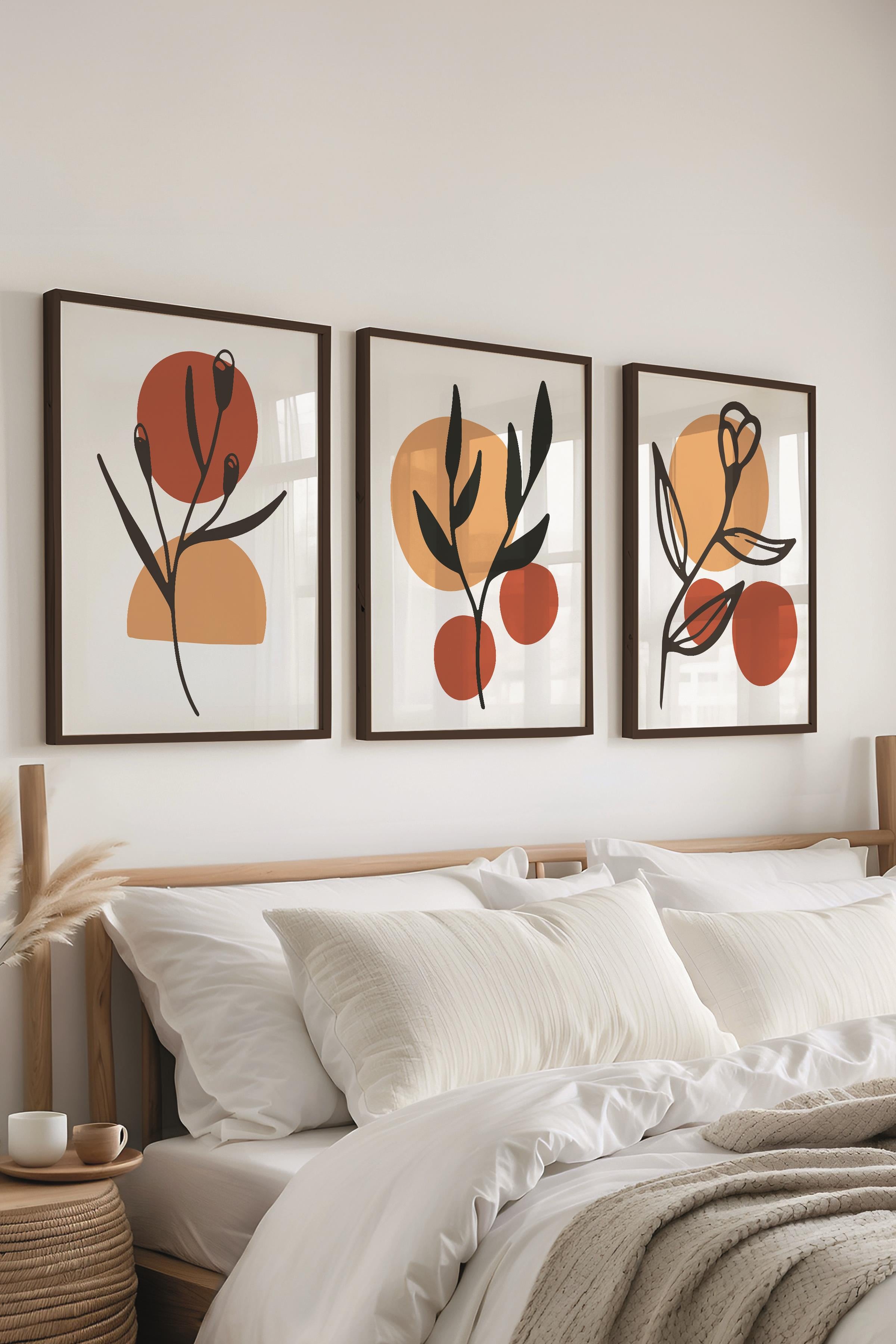 Çerçeveli Tablo Seti, 3 Adet Siyah Çerçeve ve Soyut Botanik Temalı Poster Seti, No:300680