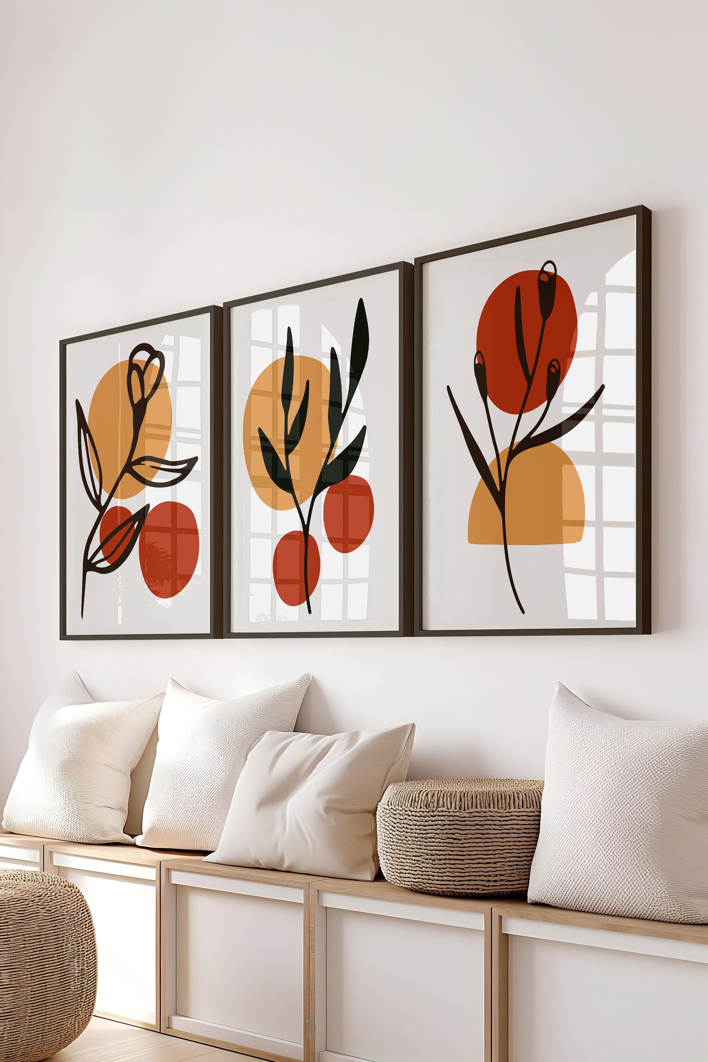 Çerçeveli Tablo Seti, 3 Adet Siyah Çerçeve ve Soyut Botanik Temalı Poster Seti, No:300680