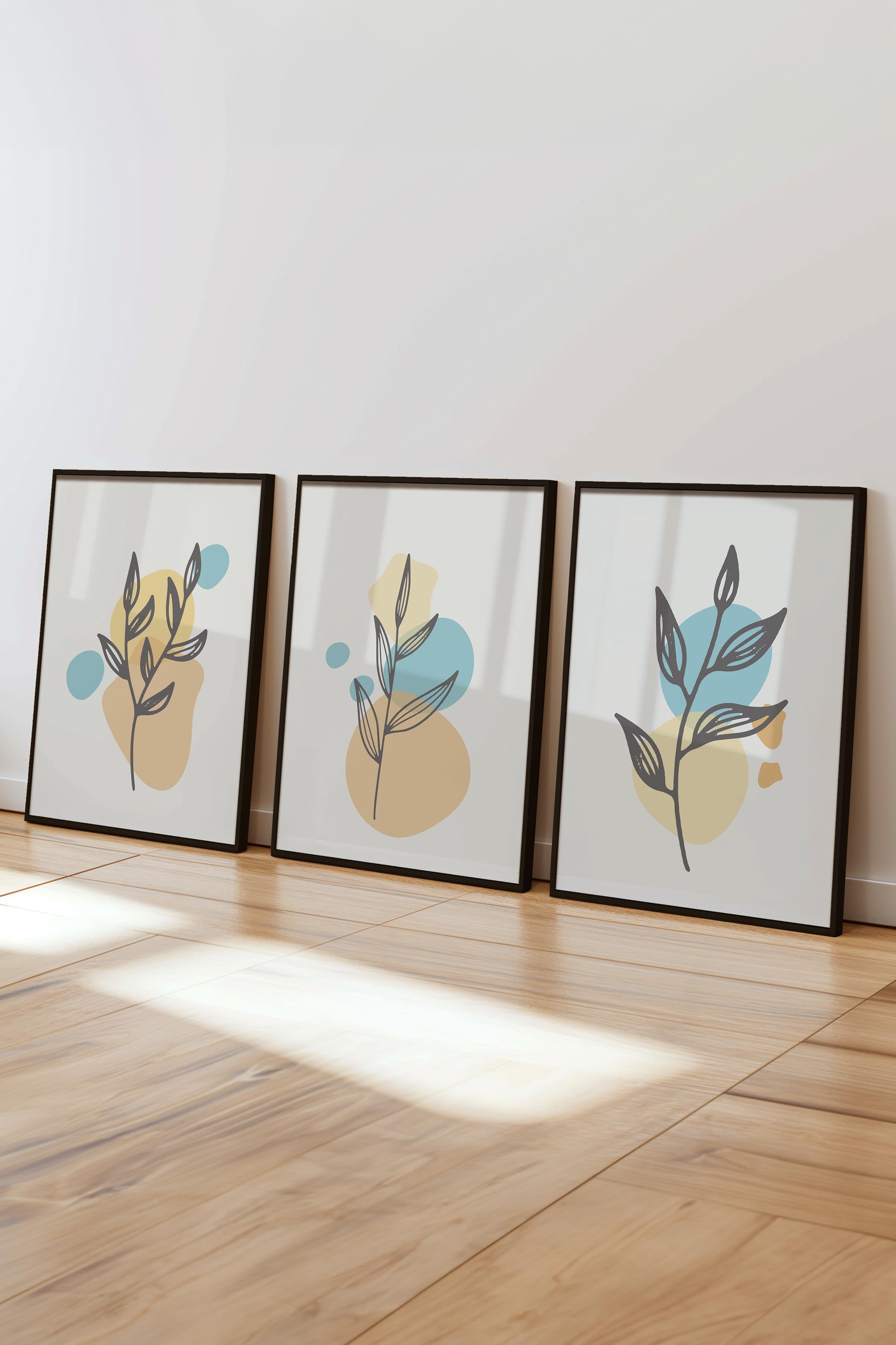 Çerçeveli Tablo Seti, 3 Adet Siyah Çerçeve ve Soyut Botanik Temalı Poster Seti, No:300681