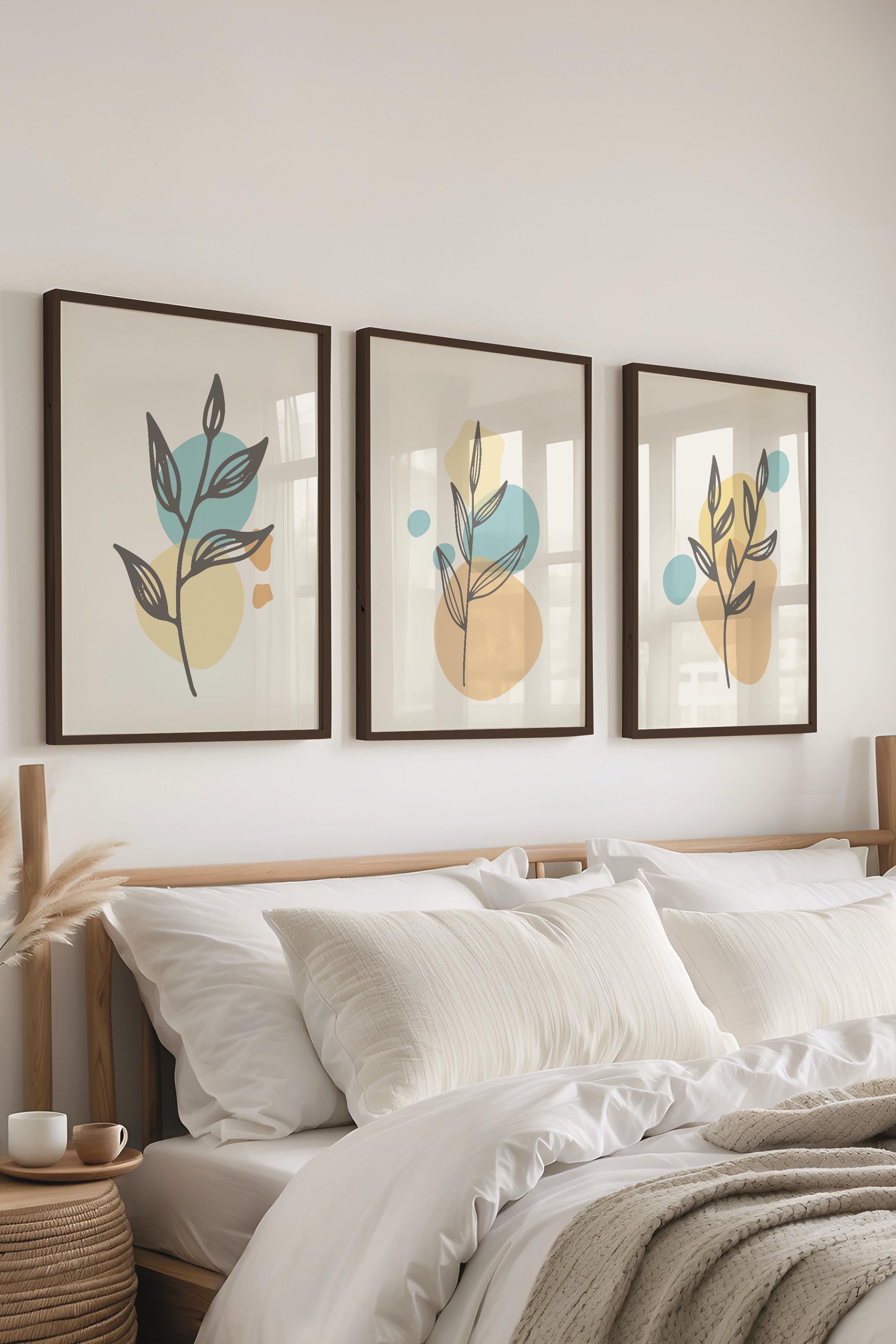 Çerçeveli Tablo Seti, 3 Adet Siyah Çerçeve ve Soyut Botanik Temalı Poster Seti, No:300681