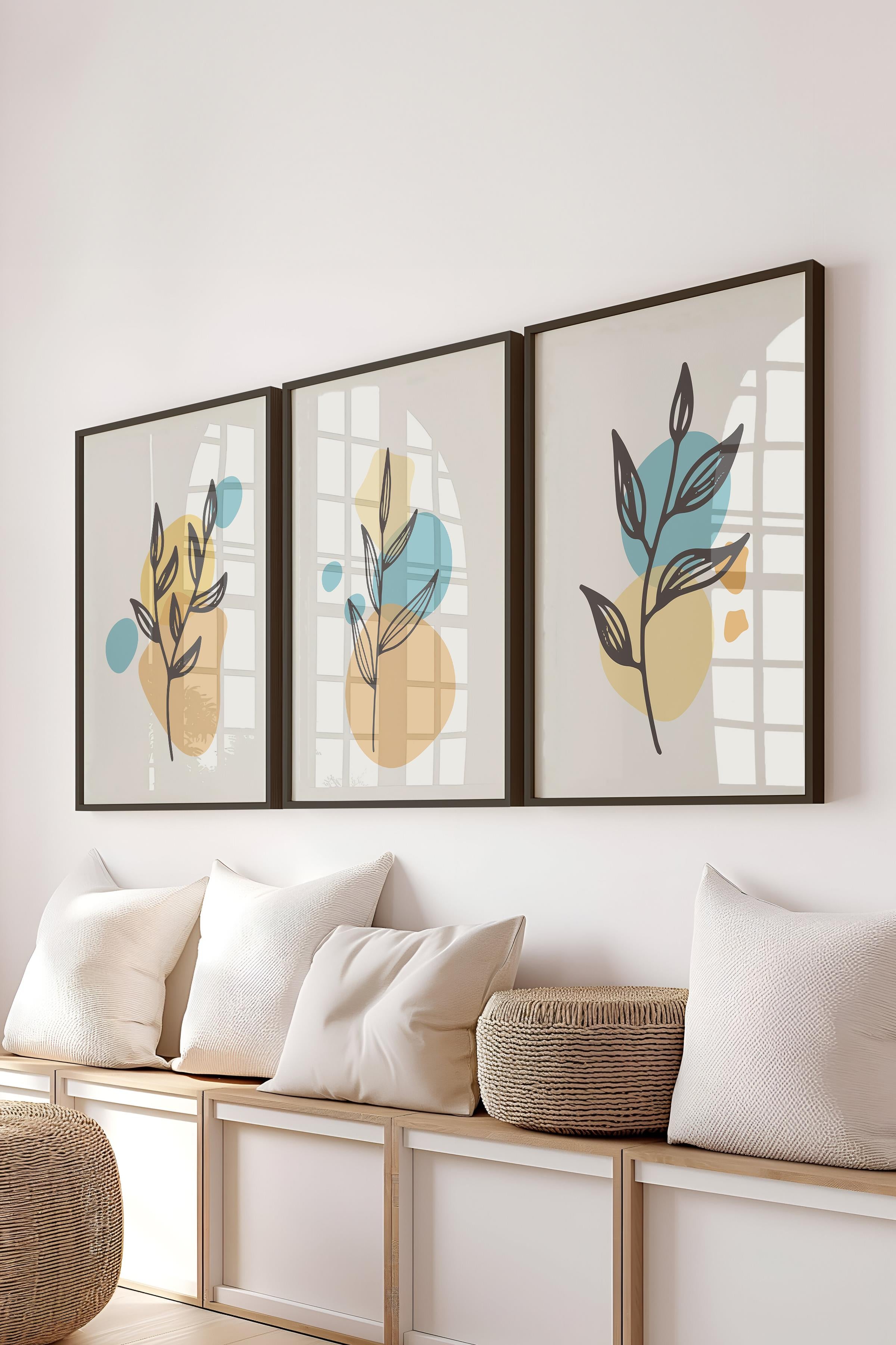 Çerçeveli Tablo Seti, 3 Adet Siyah Çerçeve ve Soyut Botanik Temalı Poster Seti, No:300681