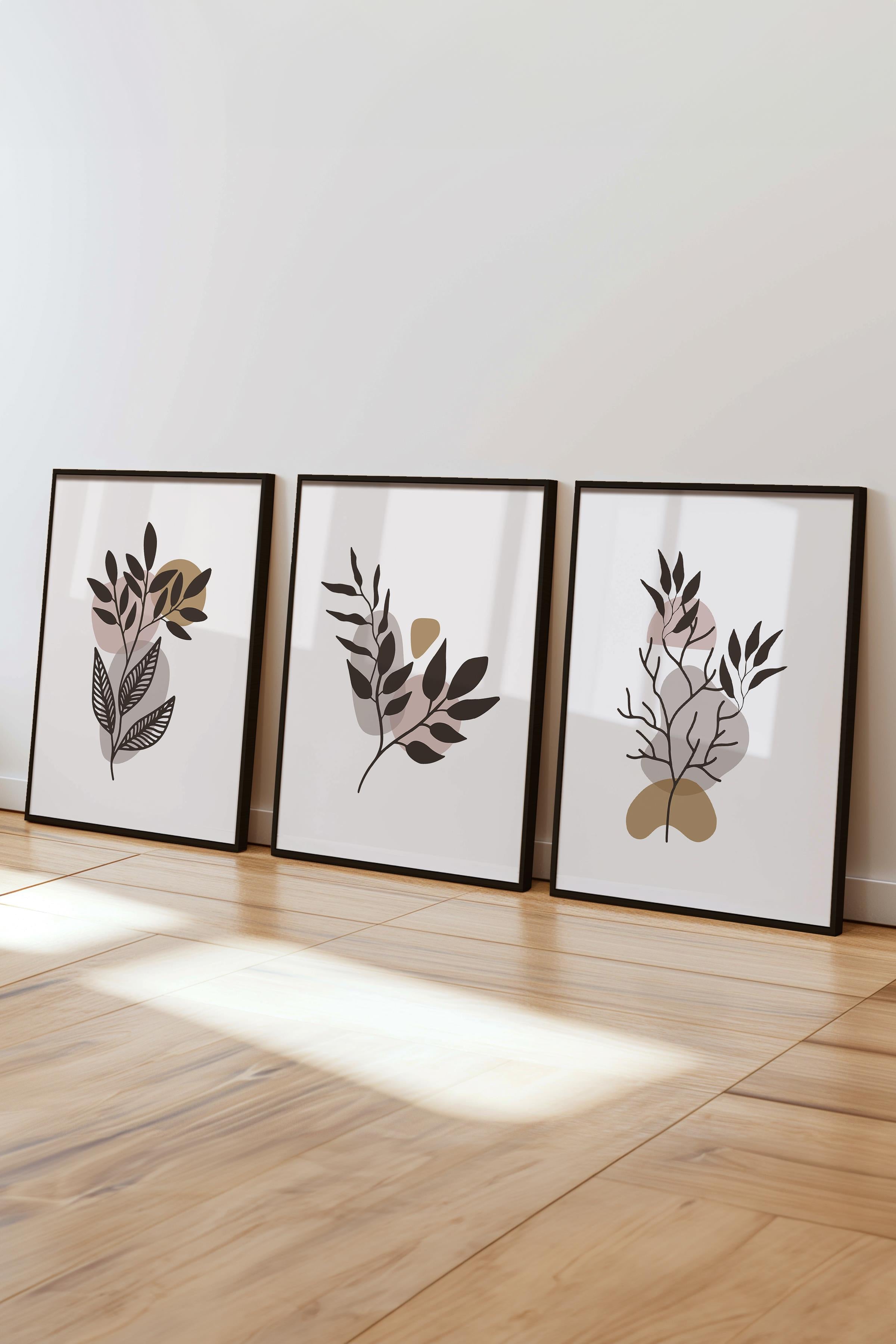 Çerçeveli Tablo Seti, 3 Adet Siyah Çerçeve ve Soyut Botanik Temalı Poster Seti, No:300682