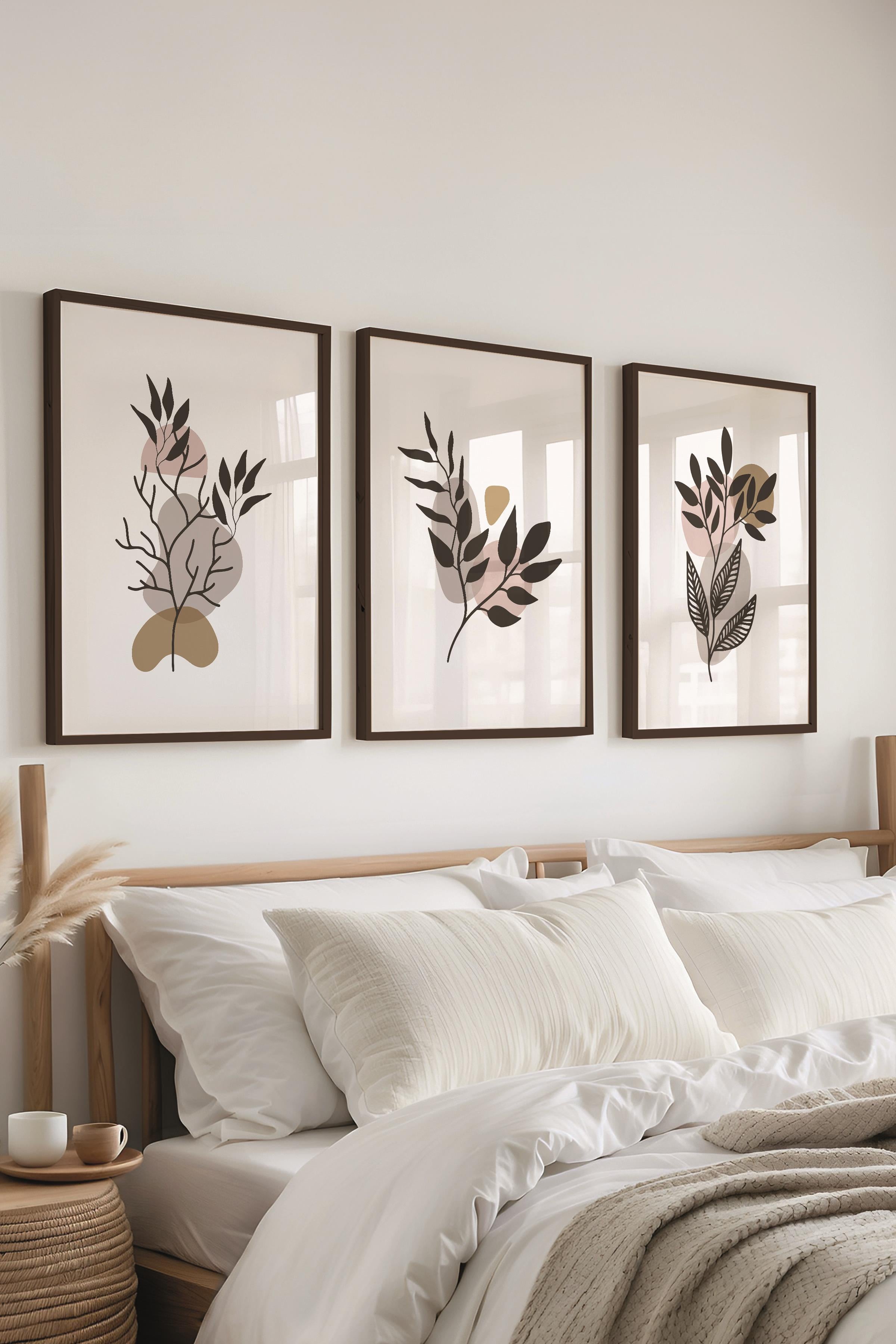 Çerçeveli Tablo Seti, 3 Adet Siyah Çerçeve ve Soyut Botanik Temalı Poster Seti, No:300682