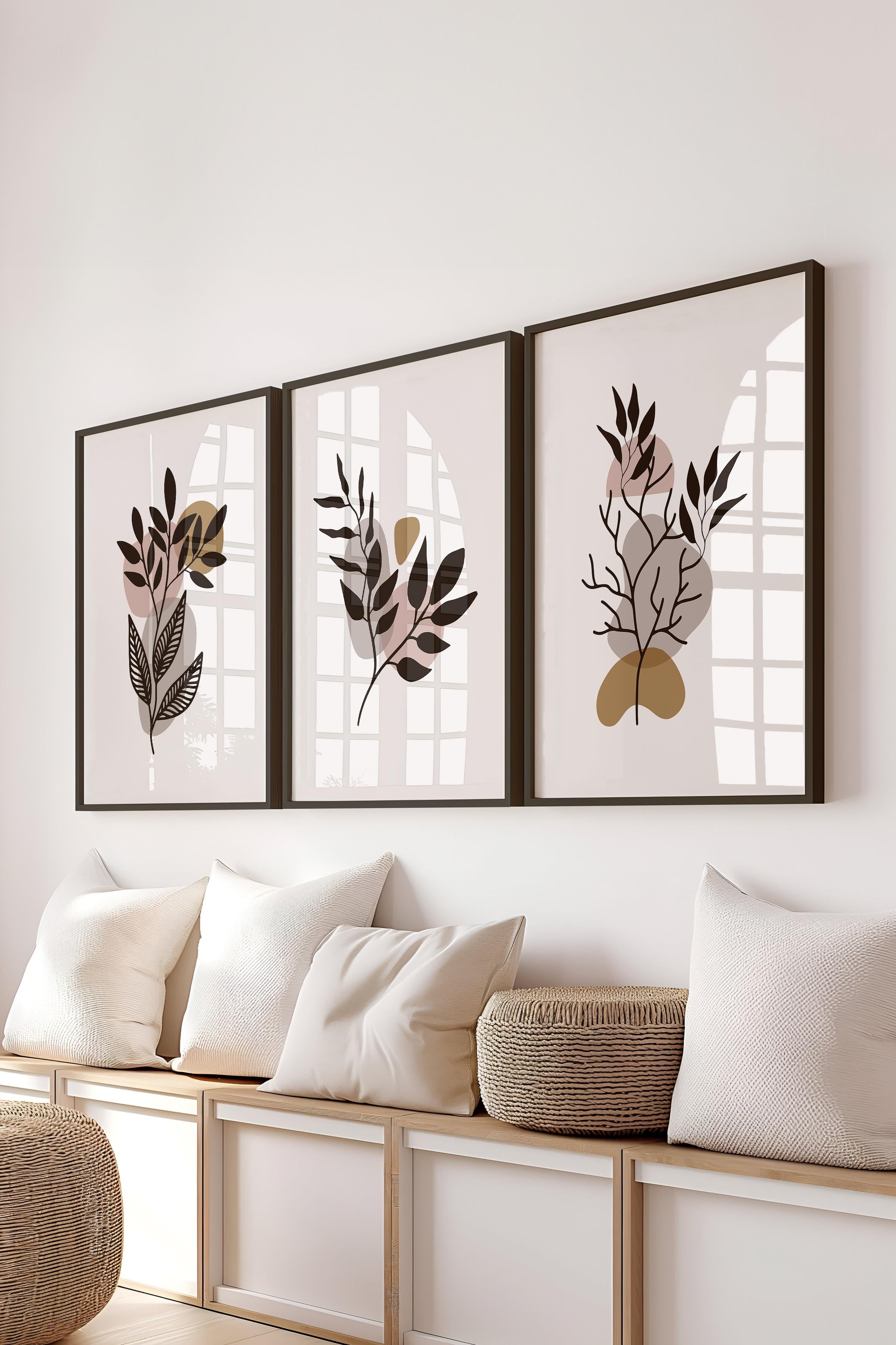 Çerçeveli Tablo Seti, 3 Adet Siyah Çerçeve ve Soyut Botanik Temalı Poster Seti, No:300682