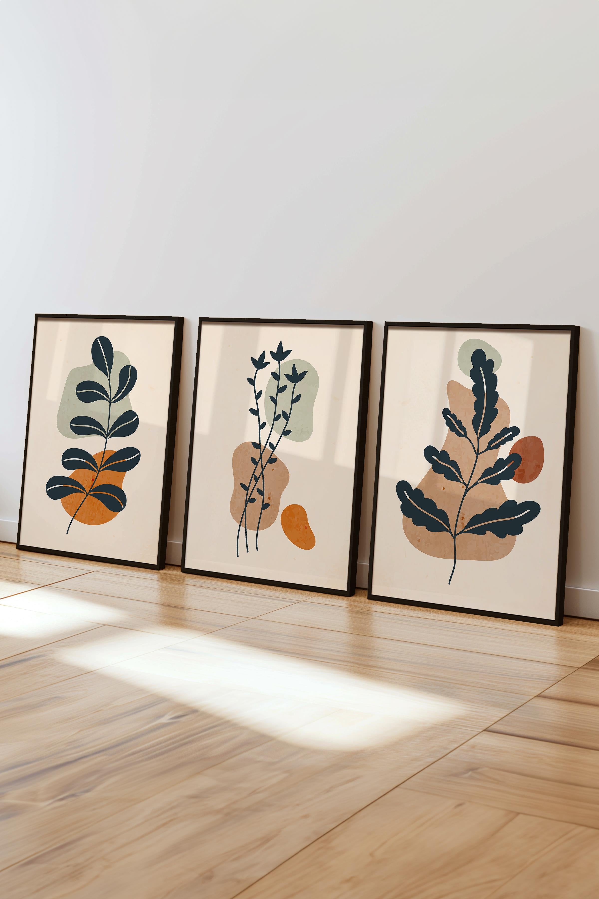 Çerçeveli Tablo Seti, 3 Adet Siyah Çerçeve ve Soyut Botanik Temalı Poster Seti, No:300684