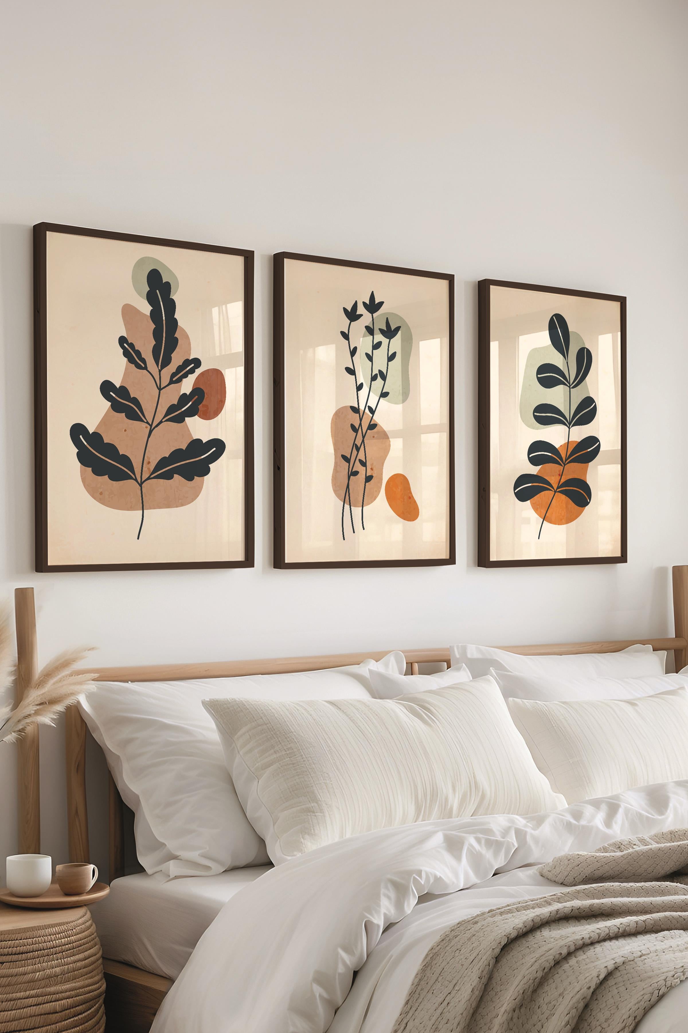 Çerçeveli Tablo Seti, 3 Adet Siyah Çerçeve ve Soyut Botanik Temalı Poster Seti, No:300684