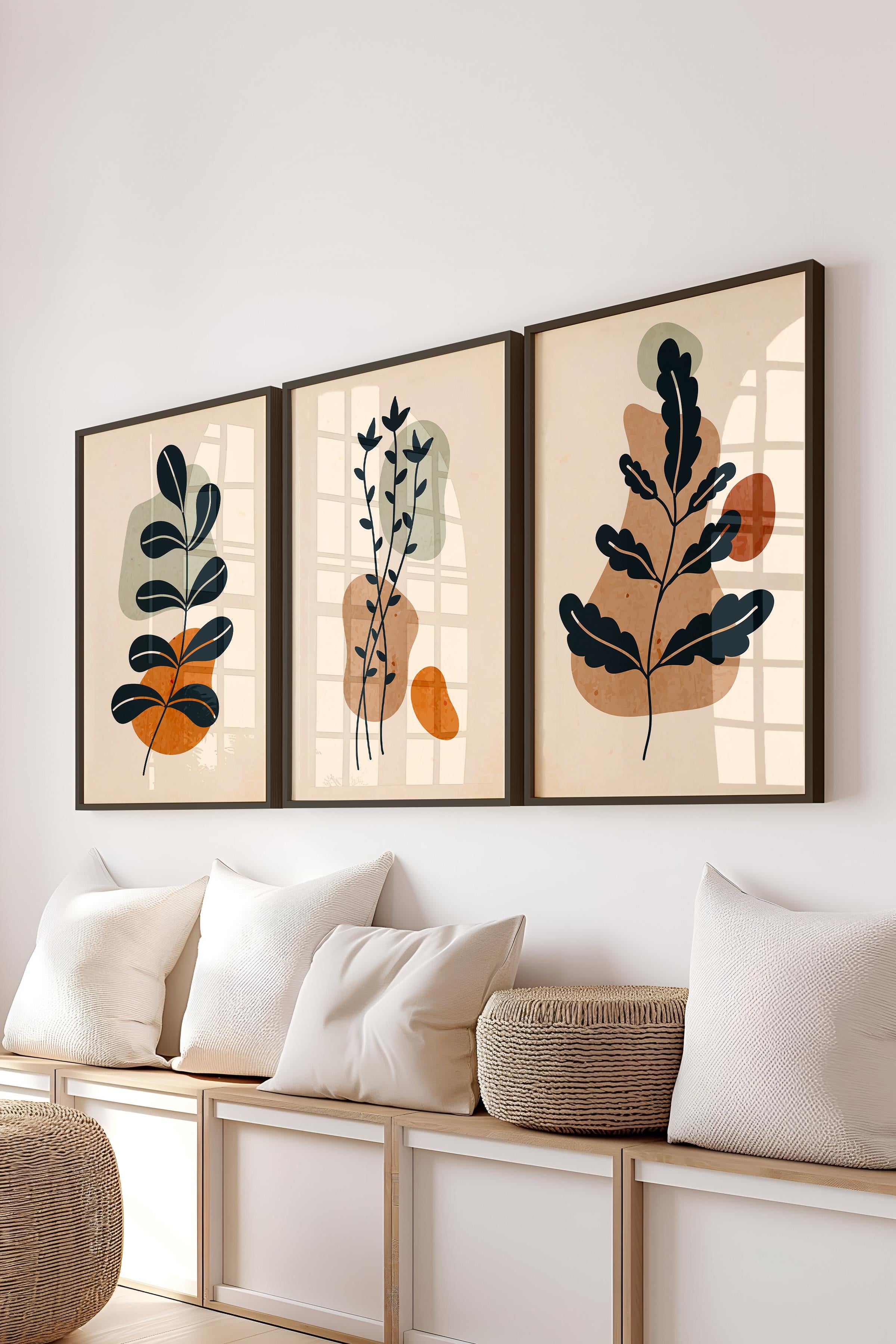 Çerçeveli Tablo Seti, 3 Adet Siyah Çerçeve ve Soyut Botanik Temalı Poster Seti, No:300684