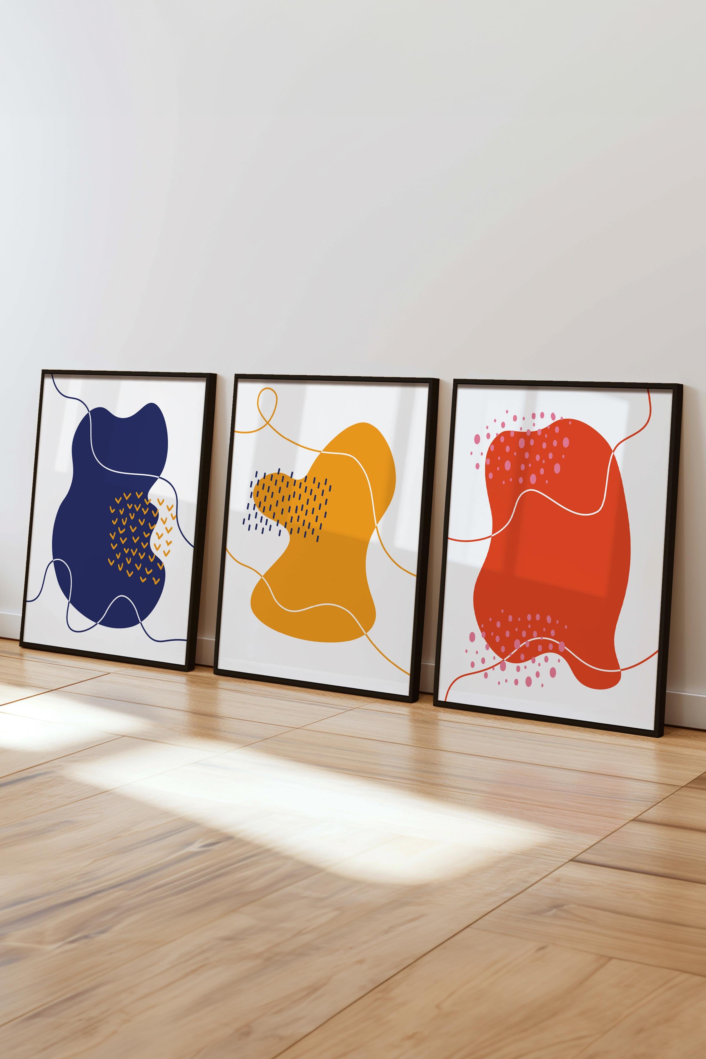 Çerçeveli Tablo Seti, 3 Adet Siyah Çerçeve ve Soyut Temalı Poster Seti, Duvar Tablosu No:300640