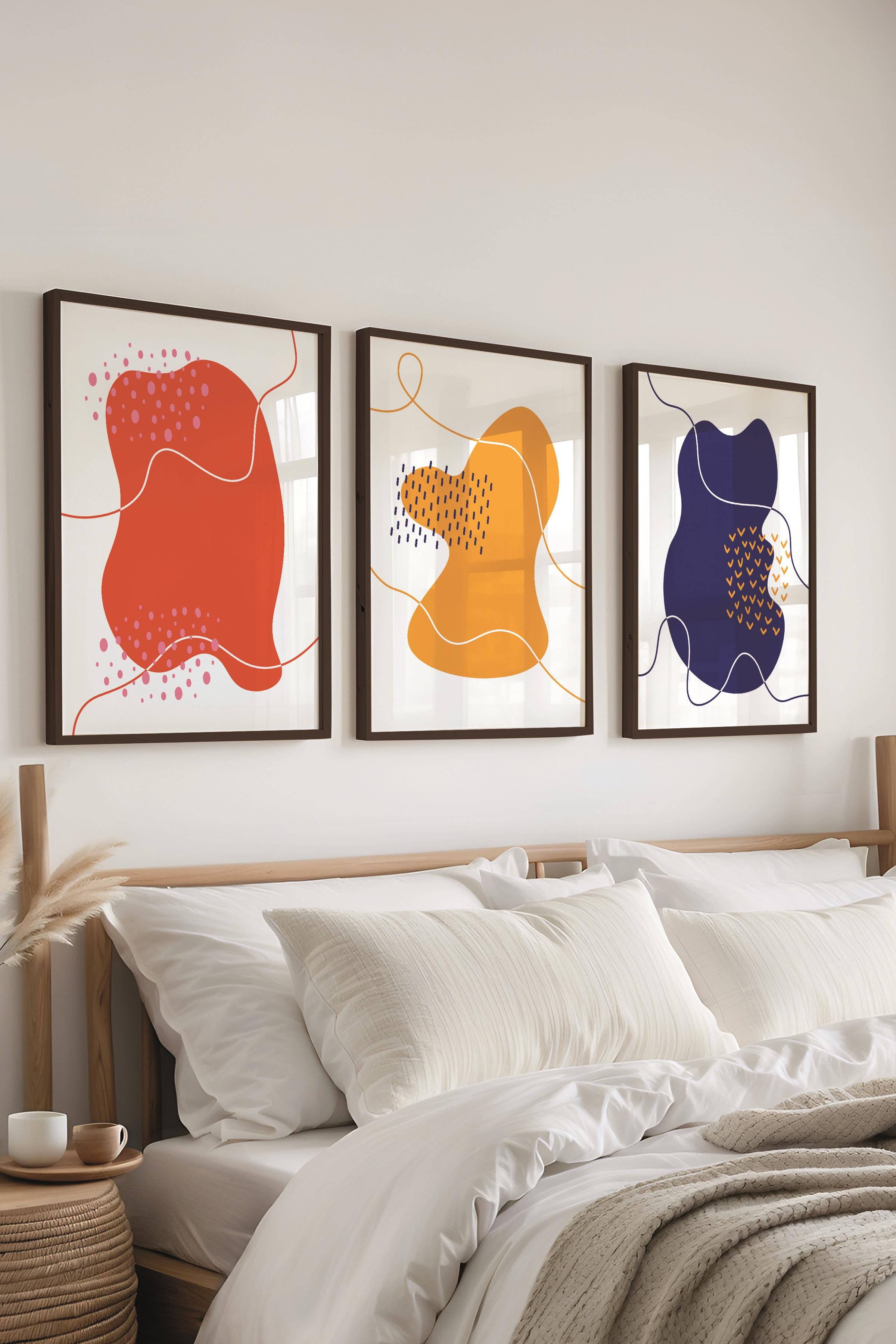 Çerçeveli Tablo Seti, 3 Adet Siyah Çerçeve ve Soyut Temalı Poster Seti, Duvar Tablosu No:300640