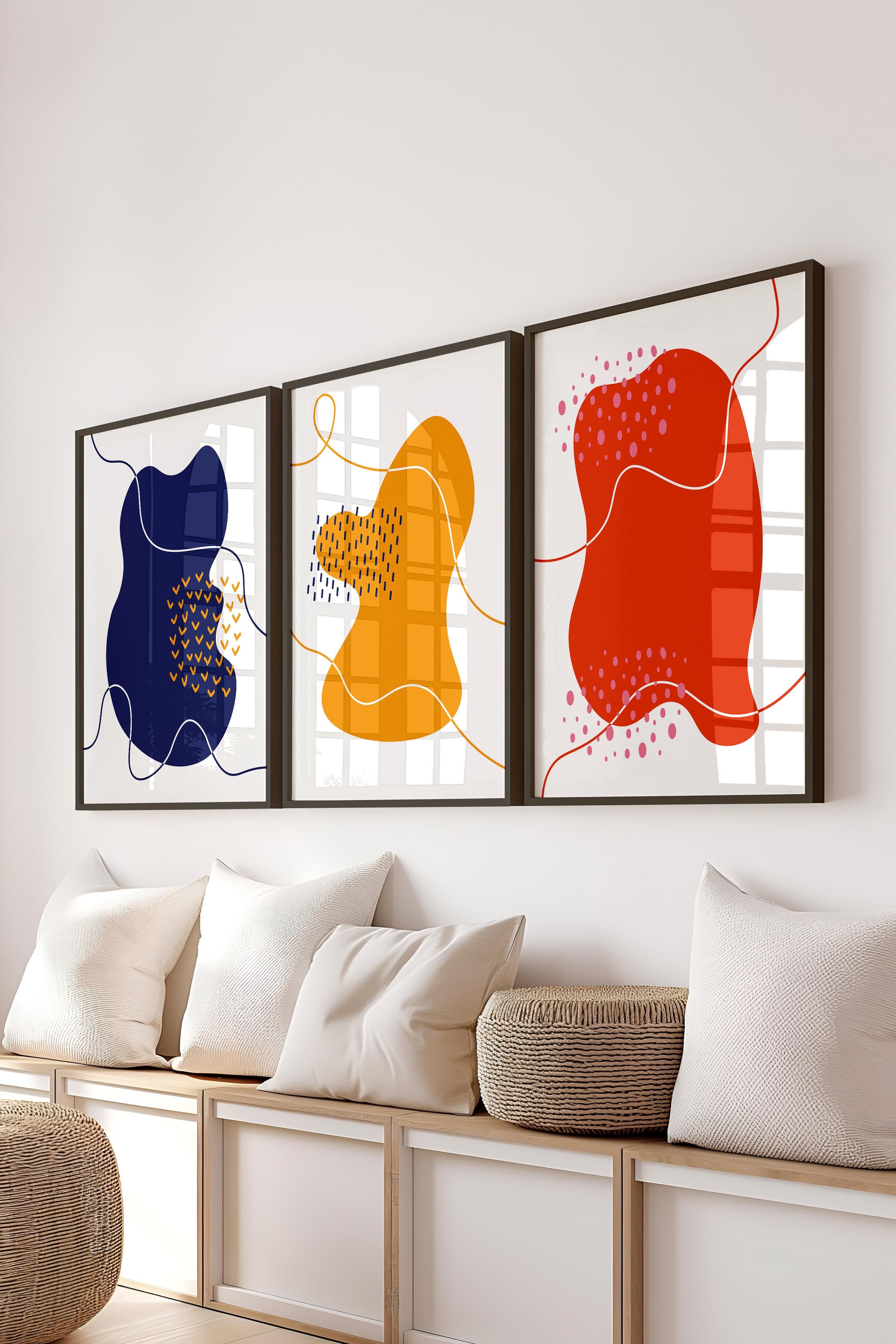 Çerçeveli Tablo Seti, 3 Adet Siyah Çerçeve ve Soyut Temalı Poster Seti, Duvar Tablosu No:300640