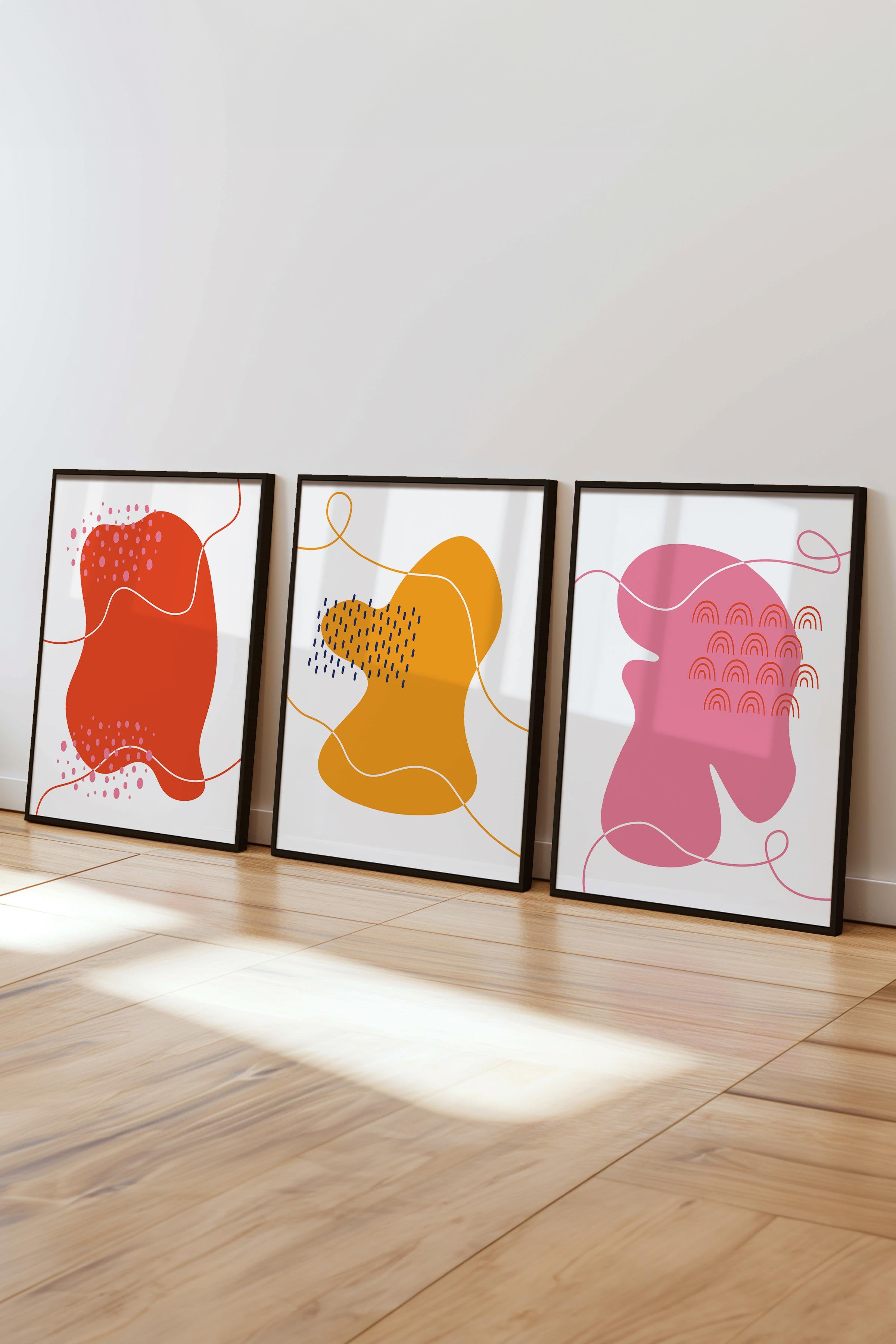 Çerçeveli Tablo Seti, 3 Adet Siyah Çerçeve ve Soyut Temalı Poster Seti, Duvar Tablosu No:300641