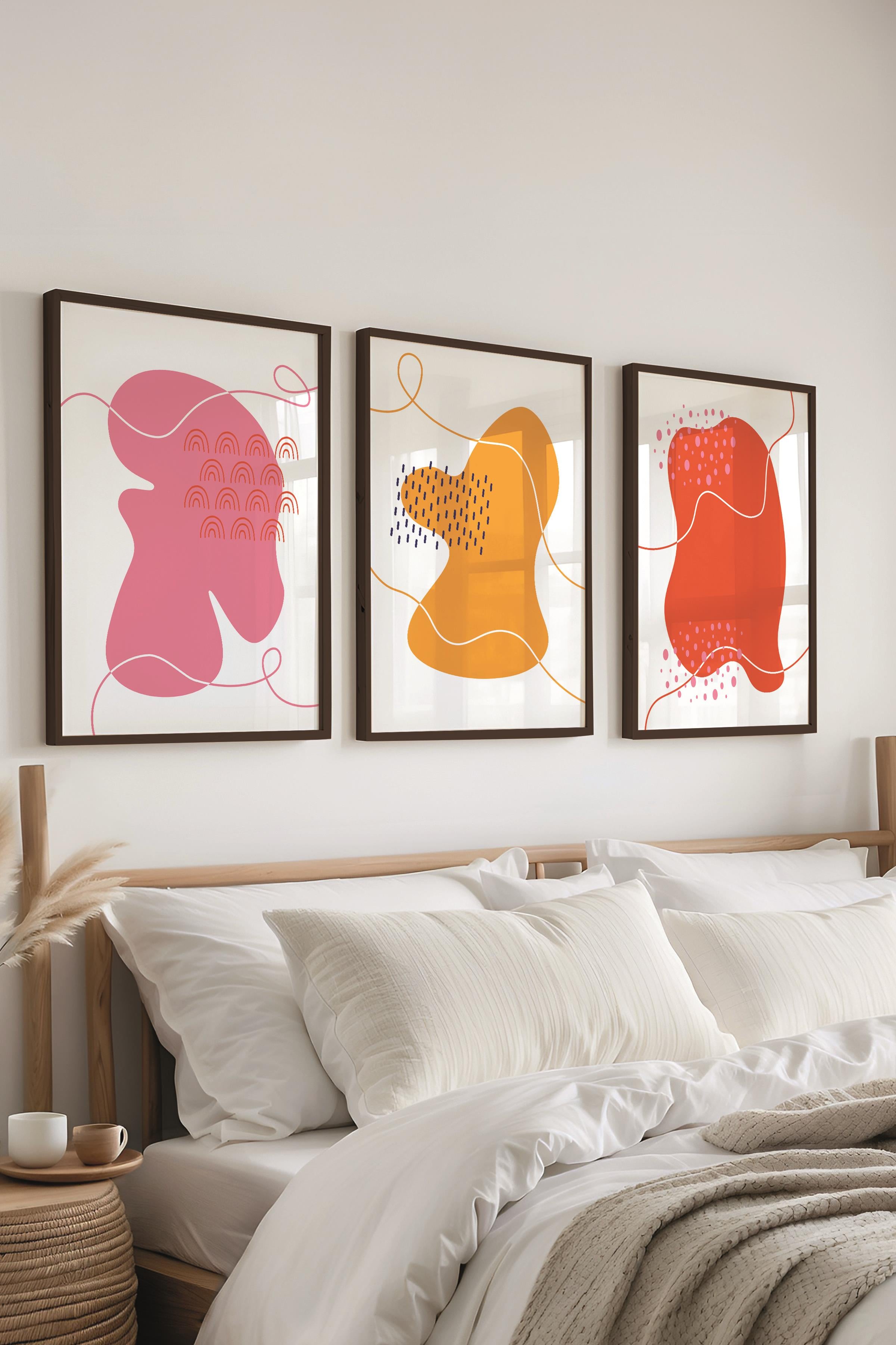 Çerçeveli Tablo Seti, 3 Adet Siyah Çerçeve ve Soyut Temalı Poster Seti, Duvar Tablosu No:300641