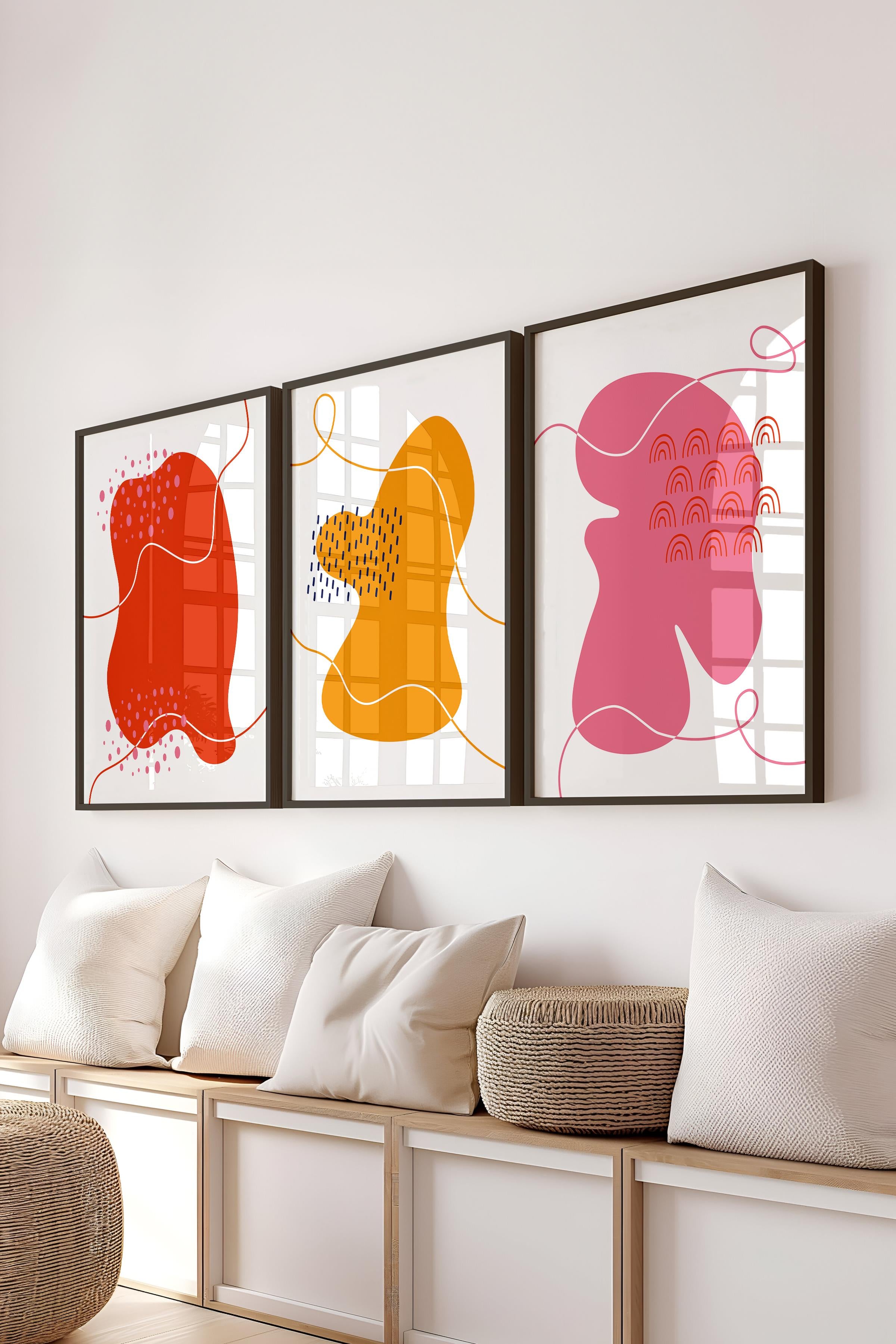 Çerçeveli Tablo Seti, 3 Adet Siyah Çerçeve ve Soyut Temalı Poster Seti, Duvar Tablosu No:300641